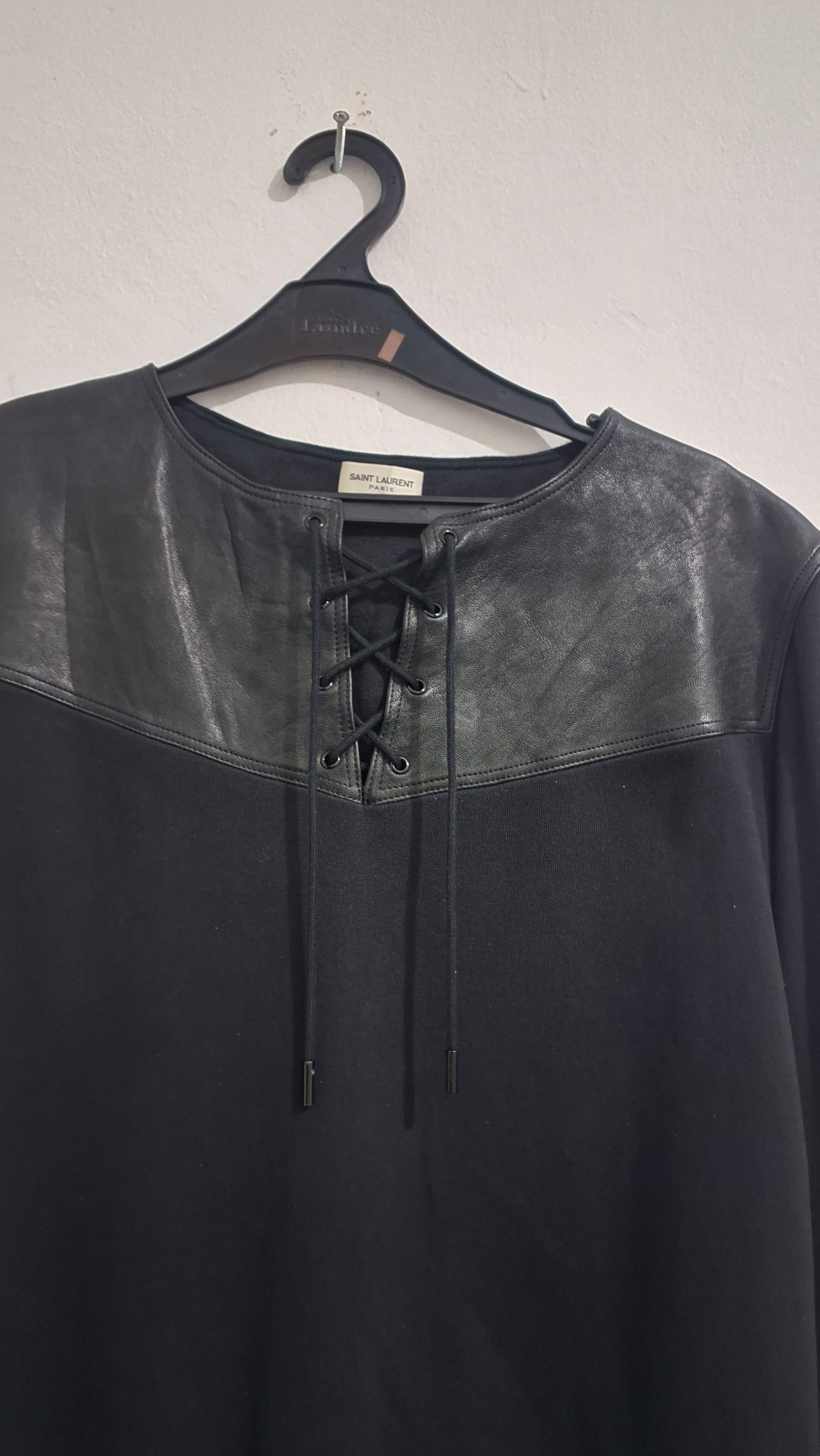 Saint Laurent Paris Saint Laurent Black Leather Panelled Crewneck Sweatshirt Size US L / EU 52-54 / 3 - 7 Thumbnail