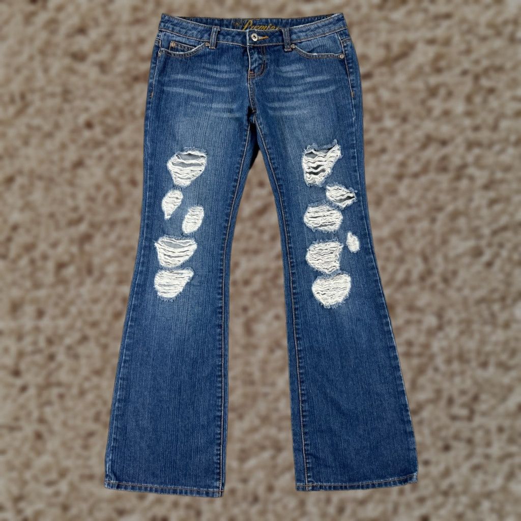 Denime Premiere Women's Flared Denim Jeans Size 3 Blue Cotton Embroidered Distressed 90s Style Size 26" / US 2 / IT 38 - 1 Thumbnail