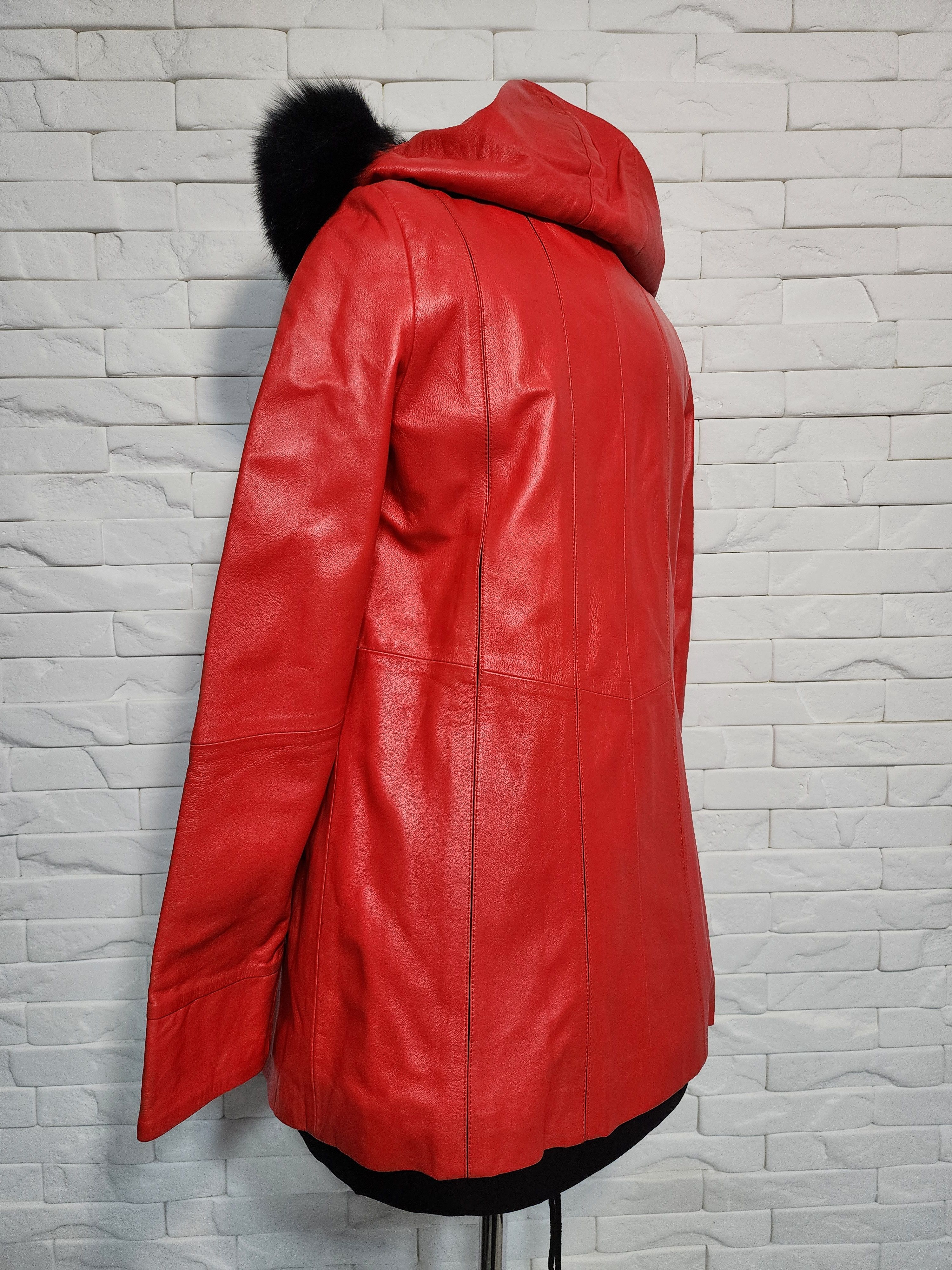Genuine Leather Red Leather Jacket: Women's Leather Coat with Fur Hood Size M / US 6-8 / IT 42-44 - 5 Thumbnail