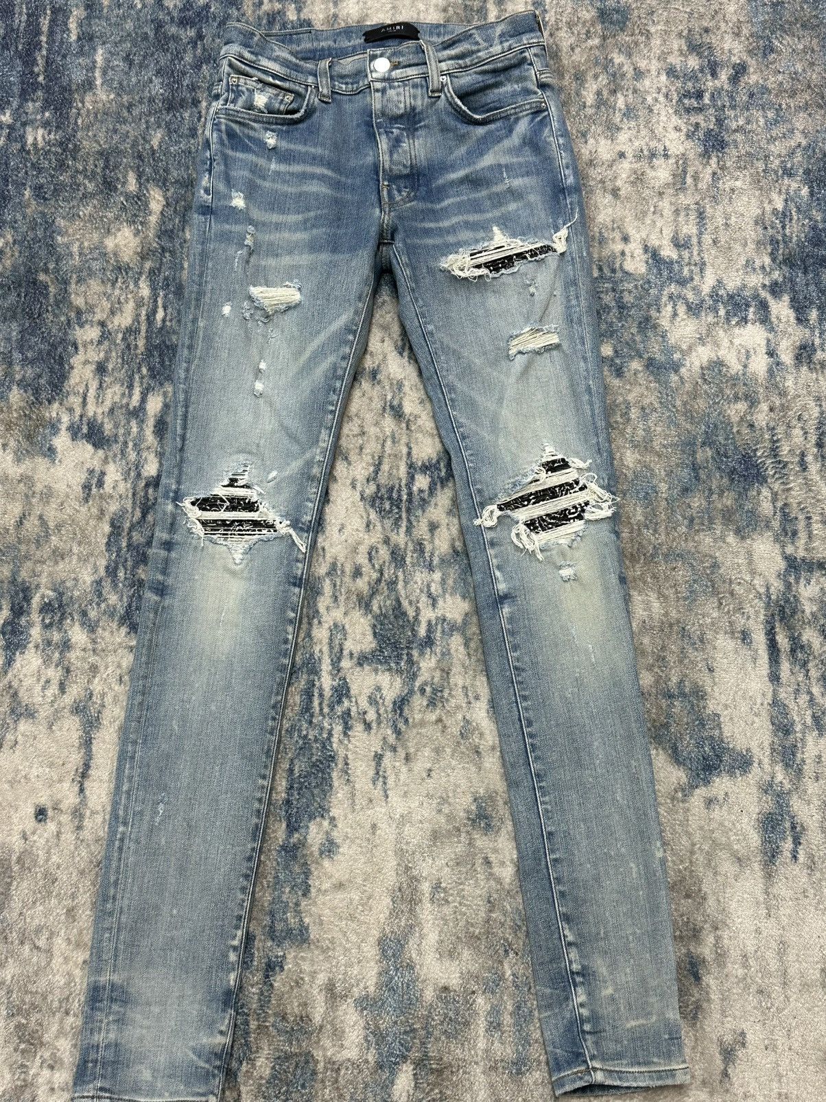 Pre-owned Amiri Mx1 Black Bandana Patches Skinny Jeans Light Indigo In Blue