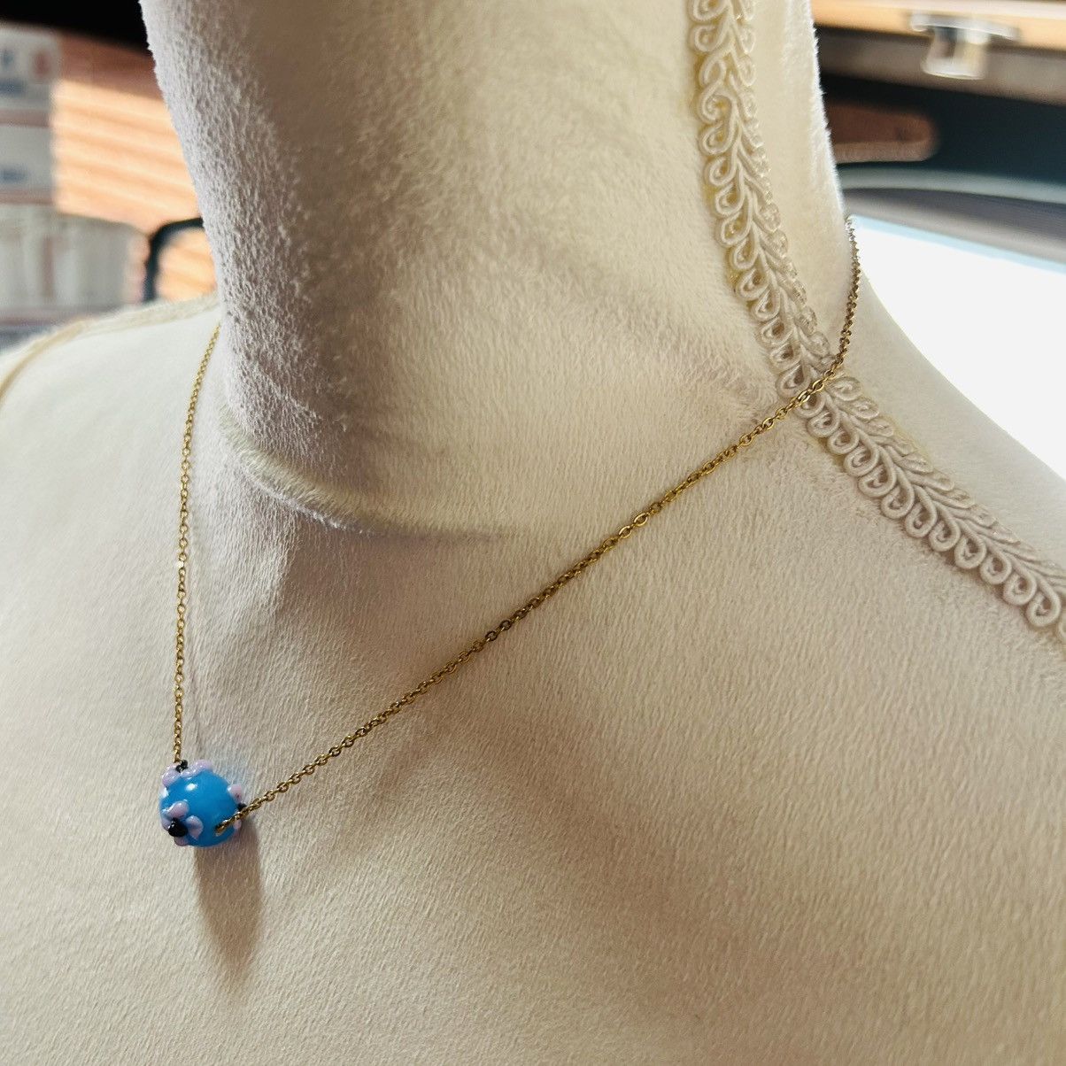 Handmade Handcrafted floral glass bead pendant on chain necklace Size ONE SIZE - 3 Thumbnail