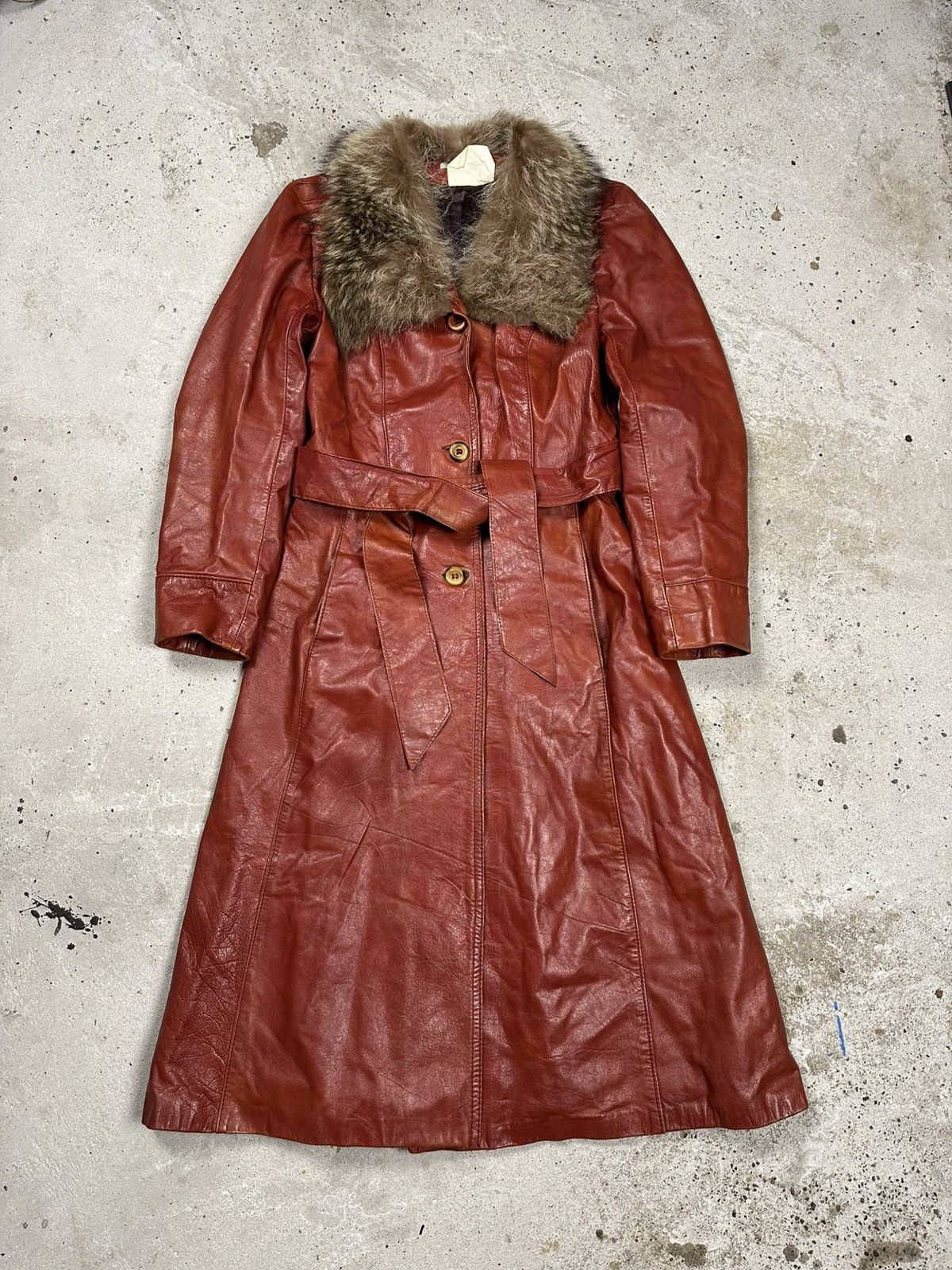 Vintage Vintage 90s Genuine Leather Fur Collar Long Coat Size L / US 10 / IT 46 - 1 Thumbnail