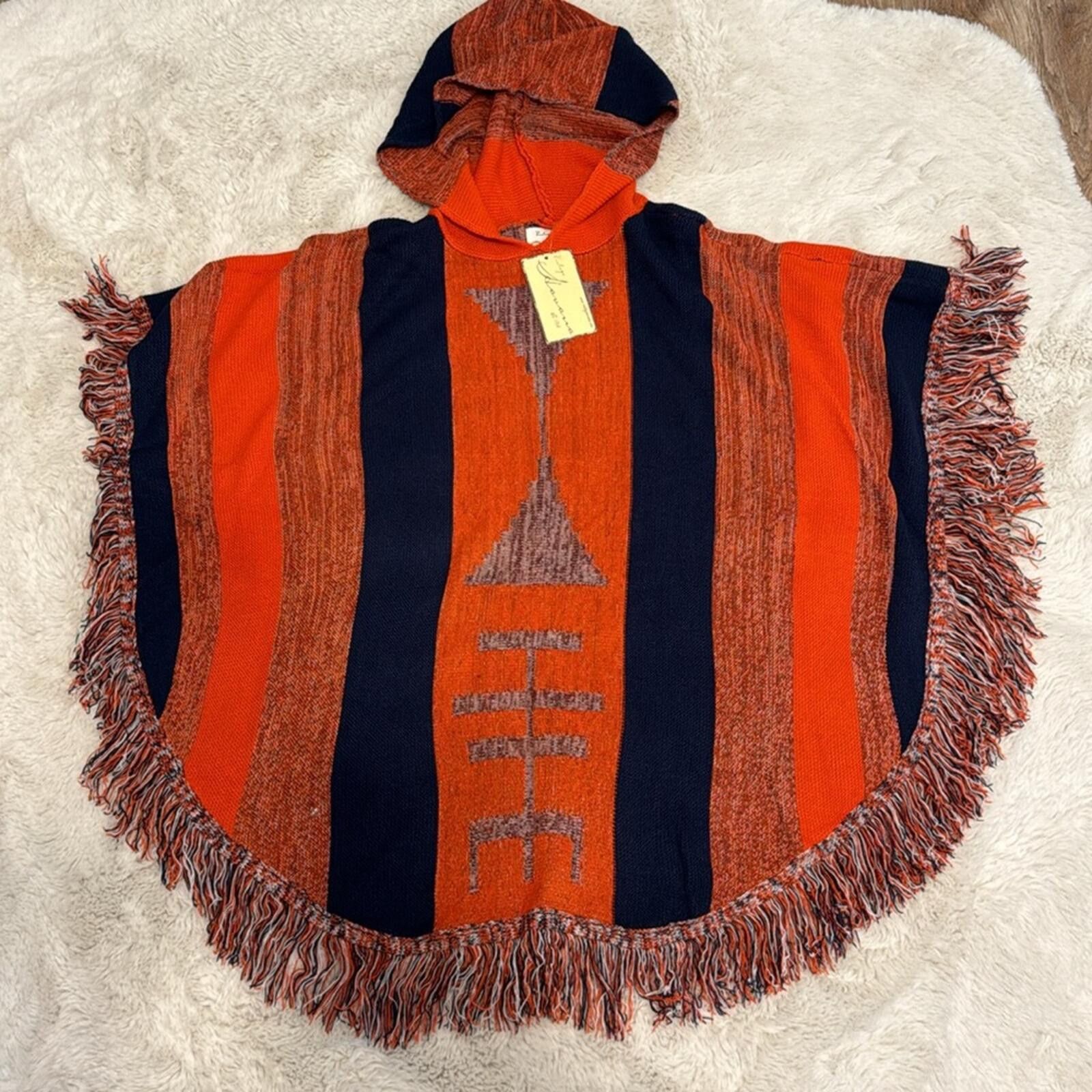 Other Vintage Havana Orange and Navy Fringe Poncho Sweater Size M / US 6-8 / IT 42-44 - 2 Thumbnail