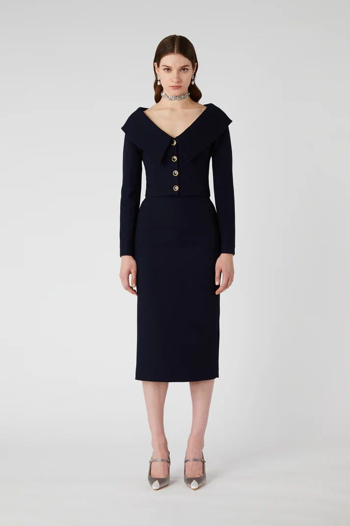 Alessandra Rich o1s22i1n0225 Virgin Wool Midi Skirt in Navy Blue Size 28" / US 6 / IT 42 - 3 Thumbnail