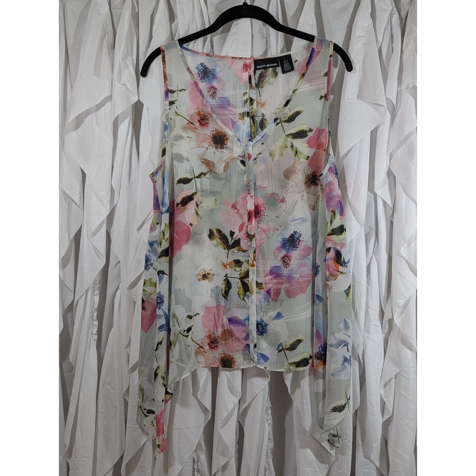 DKNY Sheer Floral V-Neck Shark Bite Hem L Boho Whimsigoth Keyhole Size L / US 10 / IT 46 - 1 Thumbnail