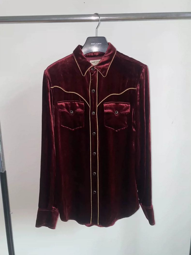 Saint Laurent Paris Saint Laurent Paris 16 FW Red Velvet Gold Thread Court Shi Size US S / EU 44-46 / 1 - 1 Thumbnail