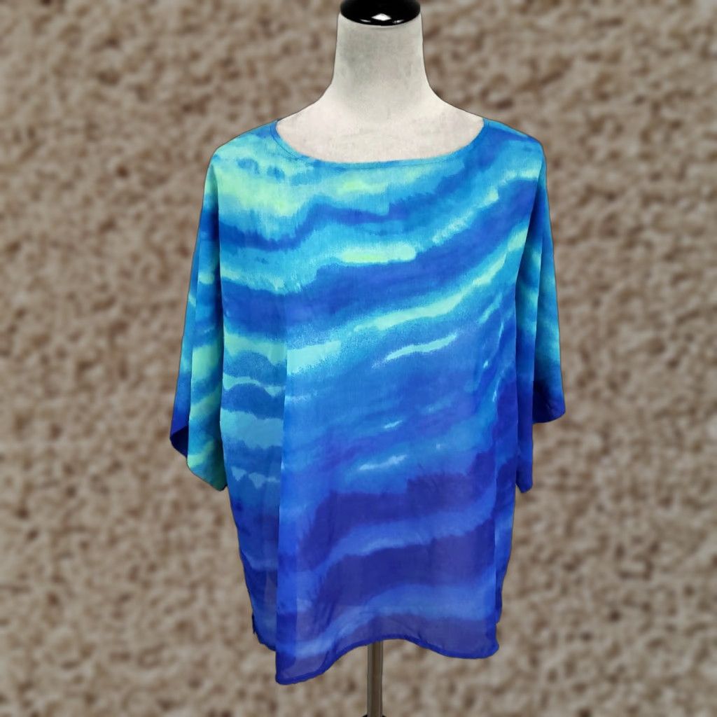 Vintage Chicos Blouse Womens Large Aqua Blue Sheer Abstract Wide Sleeve Flowy 2 Size L / US 10 / IT 46 - 1 Thumbnail