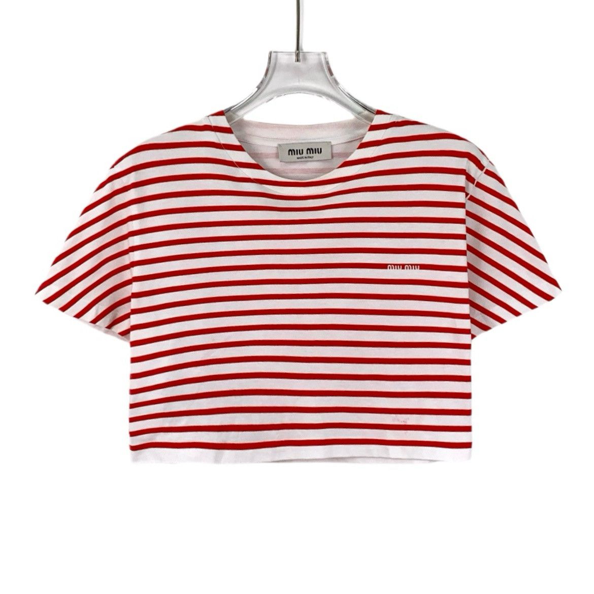 Miu Miu Logo Stripe Cotton Tee Pink (Size XS)