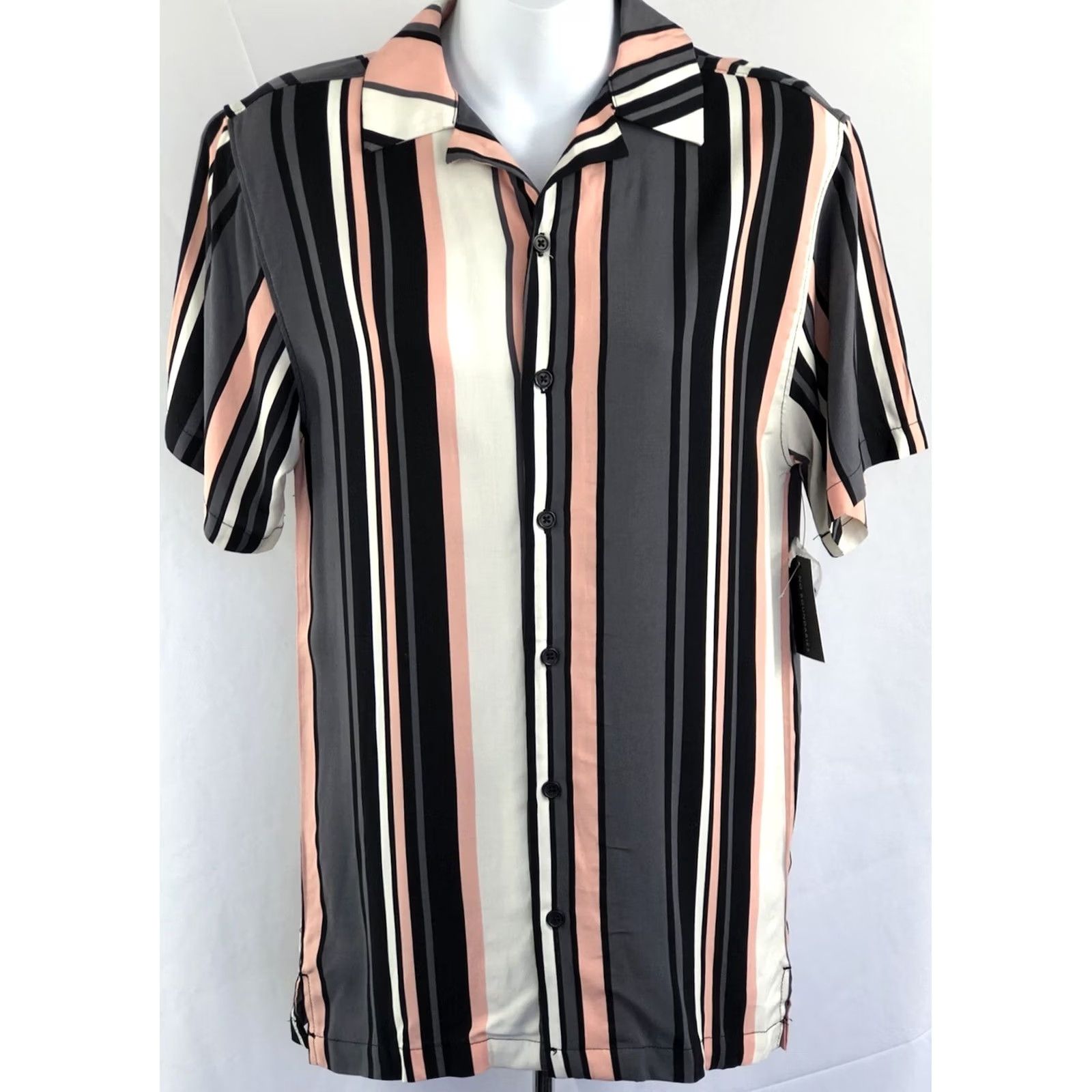 Vintage NWT No Boundaries Shirt XS Grey/Peach Stripe Button Up Short Sleeve hip hop Prep Mens Size US XS / EU 42 / 0 - 6 Thumbnail