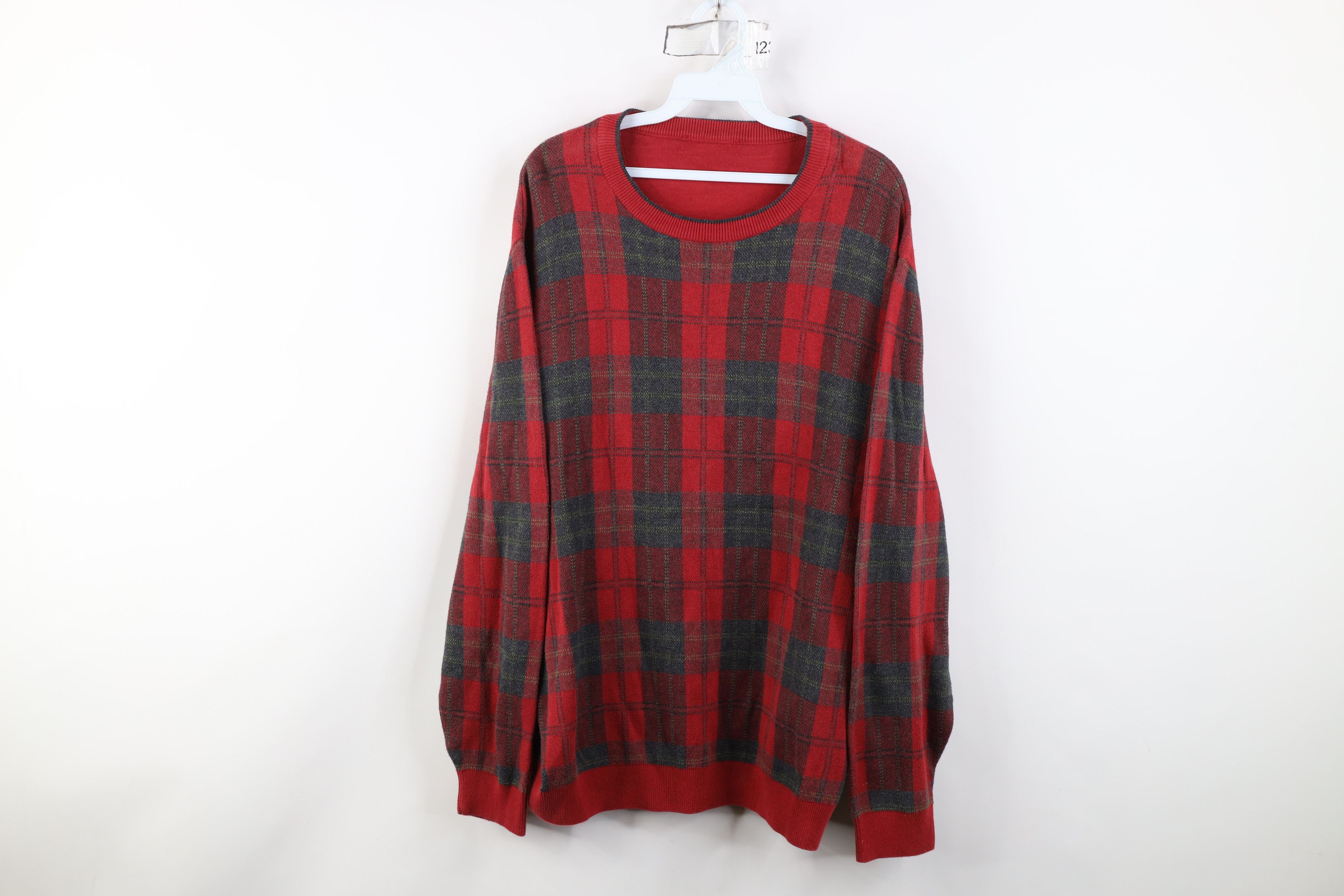 Vintage Vintage 90s Streetwear Faded Knit Crewneck Sweater Red Plaid Size US XL / EU 56 / 4 - 1 Thumbnail
