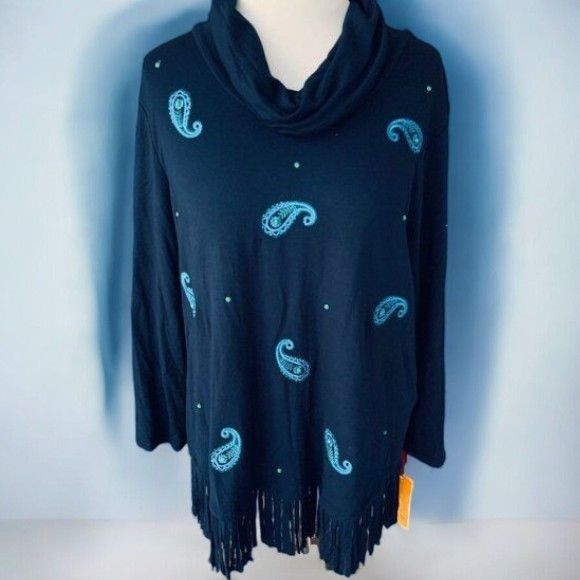 Designer Ruby Rd Navy Blue Paisley Cowl Neck Tunic Fringe Hem NEW L Size L / US 10 / IT 46 - 2 Thumbnail