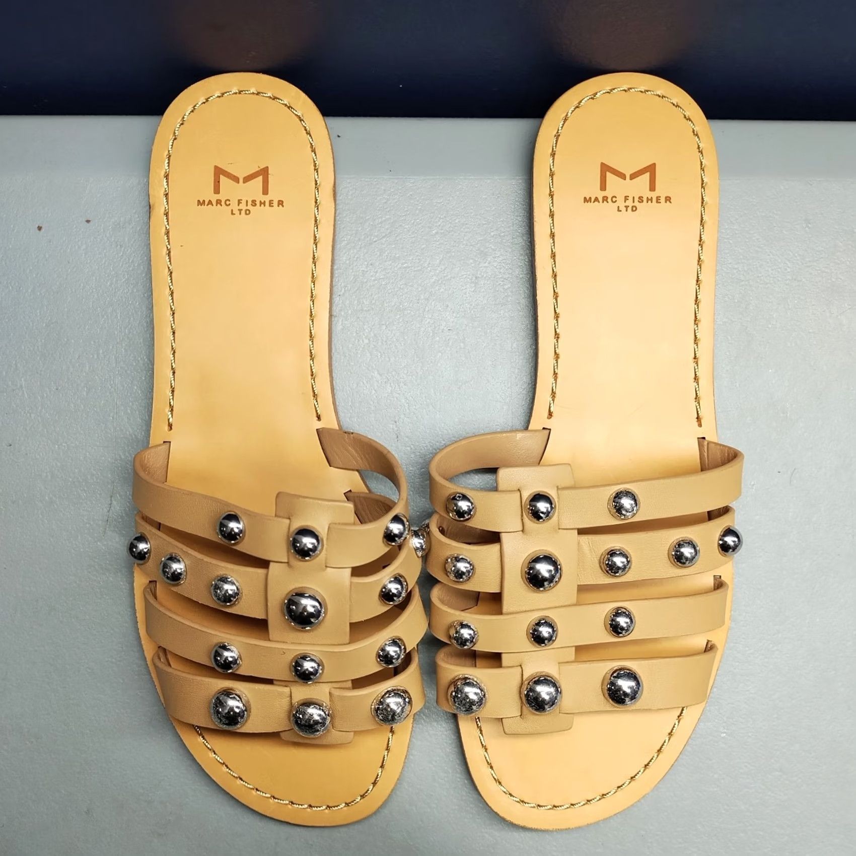 Marc Fisher Marc Fisher LTD Pava Slide Sandals Womens US 7.5M Brown Leather Studded Slip On Size US 8 / IT 38 - 6 Thumbnail