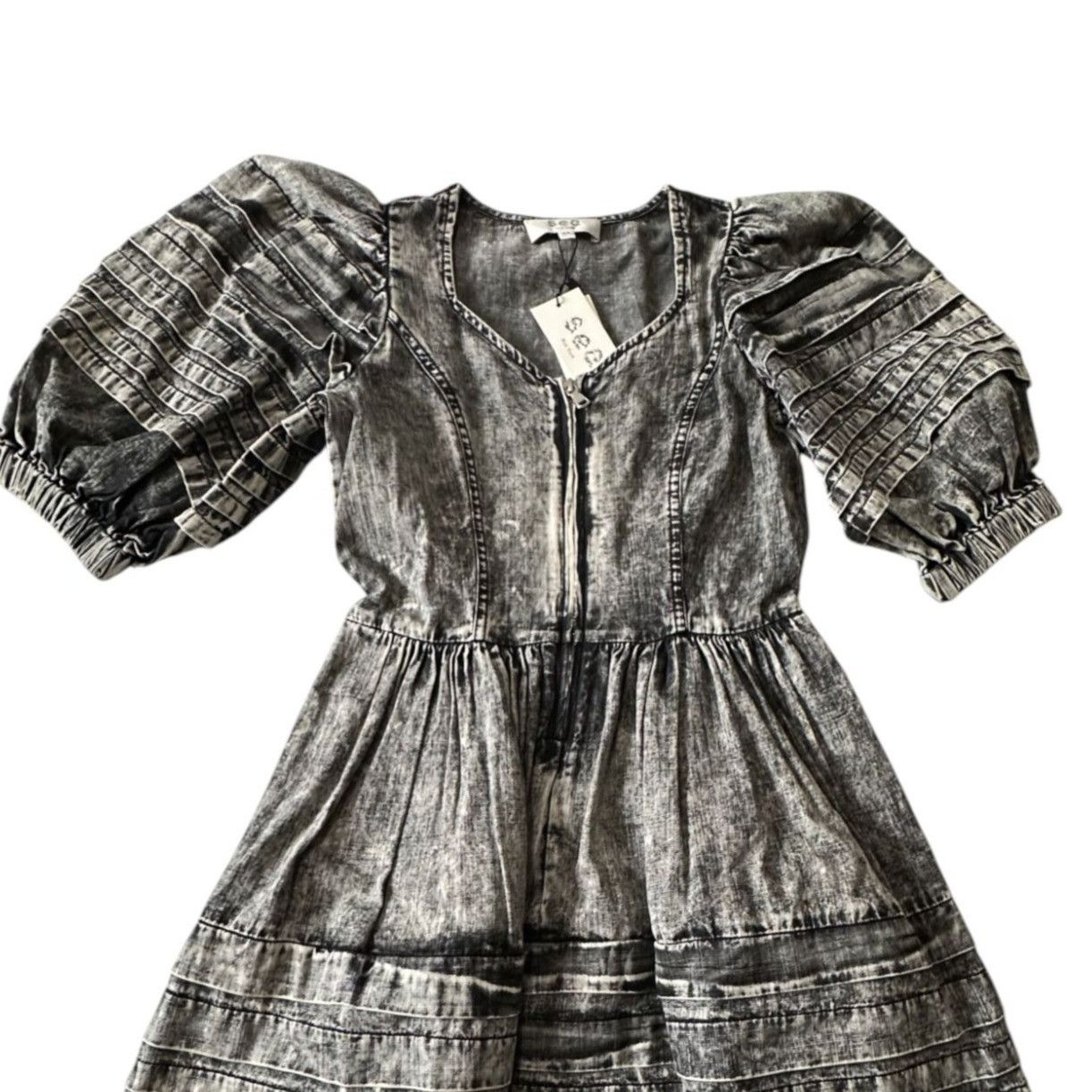 Sea New York Sea New York Dylan Mini Dress 00 Black Chambray Puff Sleeve Size XXS / US 00 / IT 34 - 8 Thumbnail