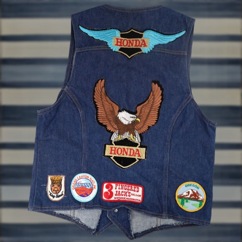 Wrangler VINTAGE Wrangler Honda Motorcycle Patches Denim Vest Blue USA Made M Mens 19"x25" Size US M / EU 48-50 / 2 - 1 Thumbnail