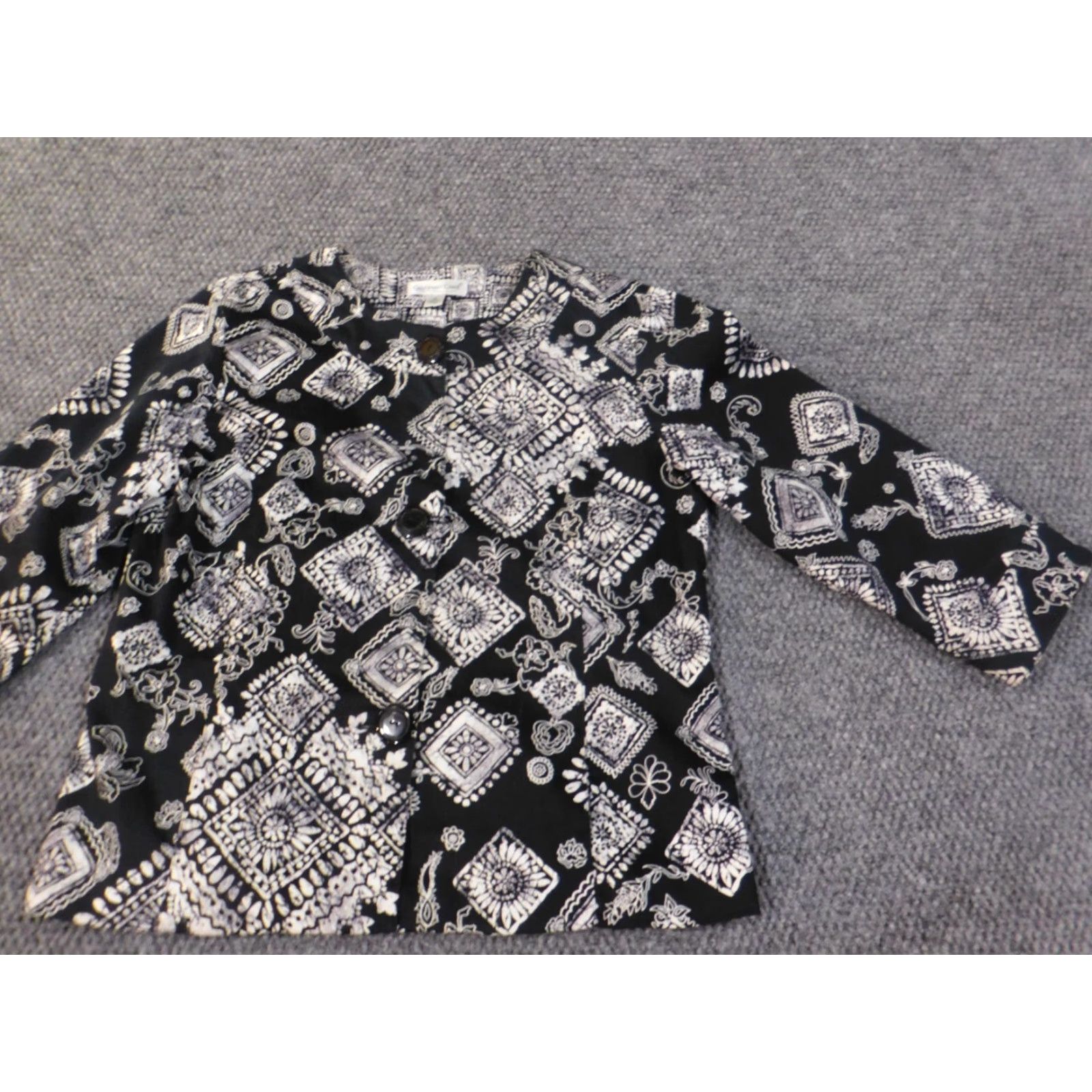 Coldwater Creek Coldwater Creek Blazer Jacket Geometric Black Womens 10 Stretch Button Mid-Length Long Sleeve Tweed Lining Polyester Vintage: No (drop if not allowed) Size L / US 10 / IT 46 - 3 Thumbnail