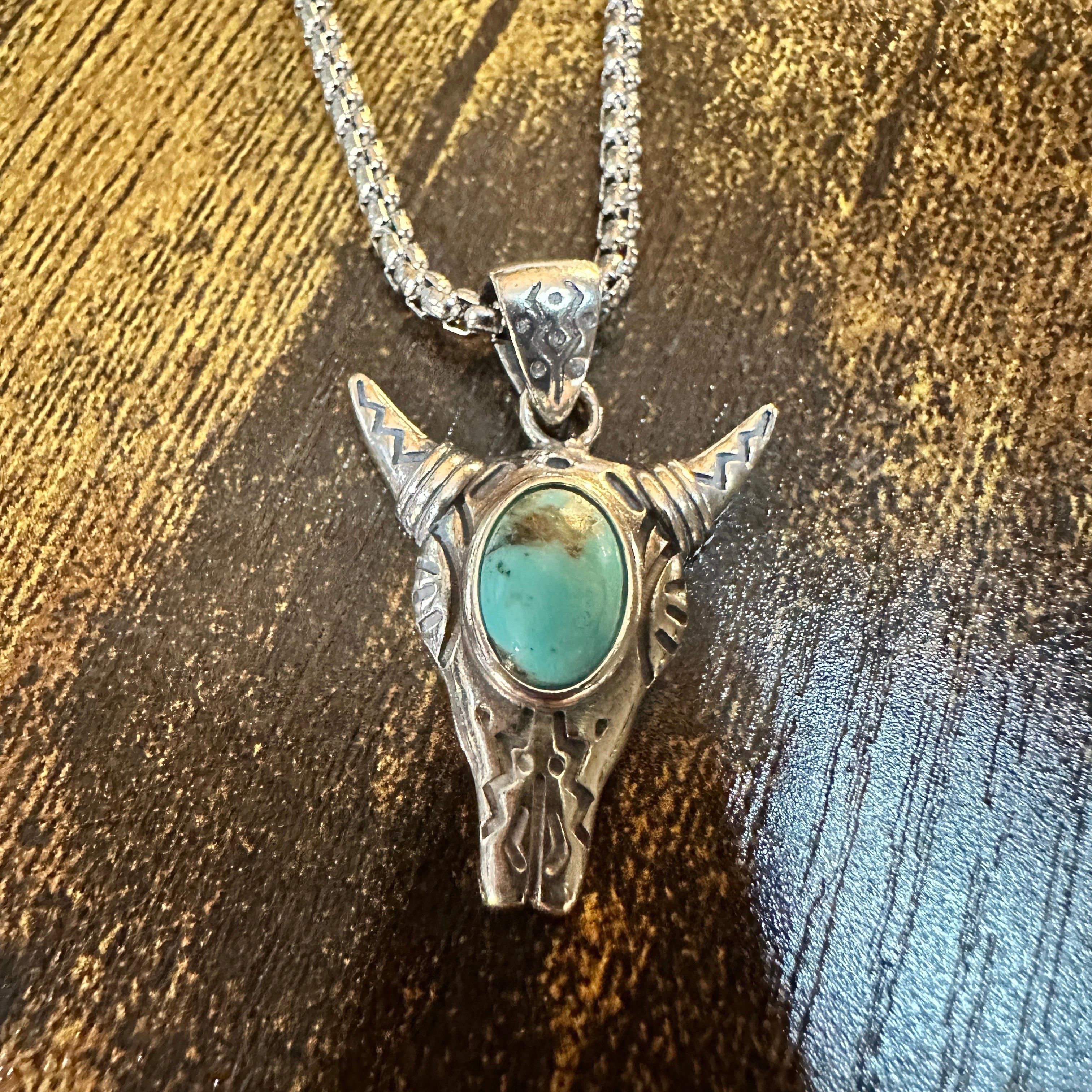 Other Boho Turquoise-Embellished Cow Skull Chain Necklace: 18" Ste Size ONE SIZE - 1 Thumbnail