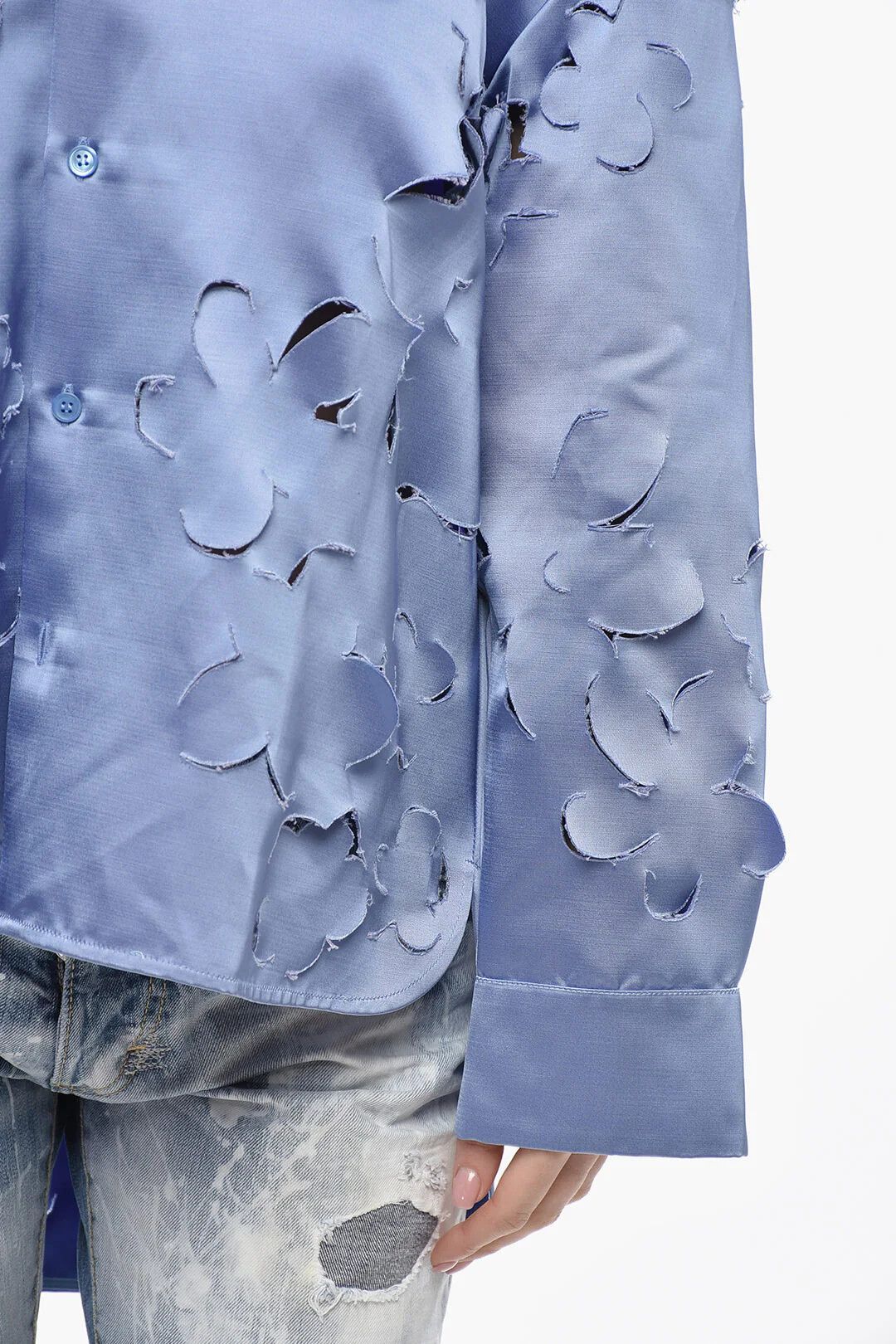 Marni og1mm0326 Floral Cut-Out Motif Satin Blouse in Light Blue Size S / US 4 / IT 40 - 3 Thumbnail