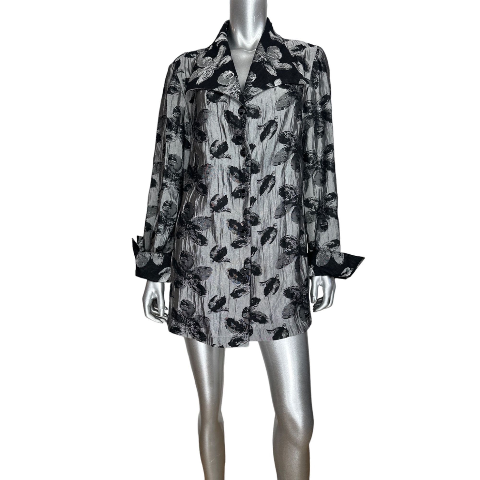 Vintage Criselda Lontok Gray & Black Floral Button-Front Tunic Jack Size XL / US 12-14 / IT 48-50 - 4 Thumbnail