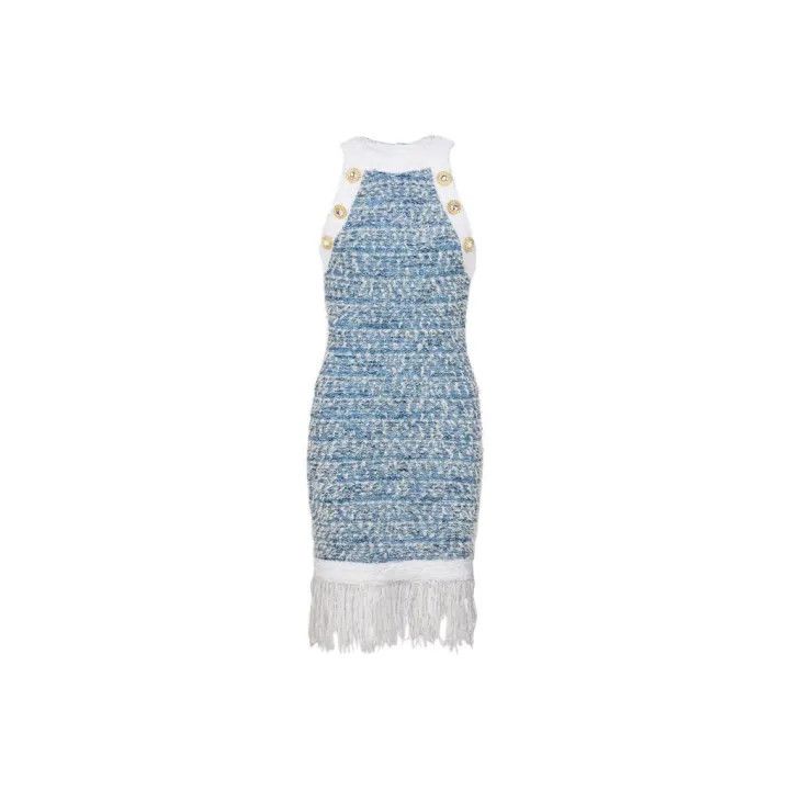 Balmain Balmain Fringed Denim Tweed Dress 0079 Size S / US 4 / IT 40 - 1 Thumbnail