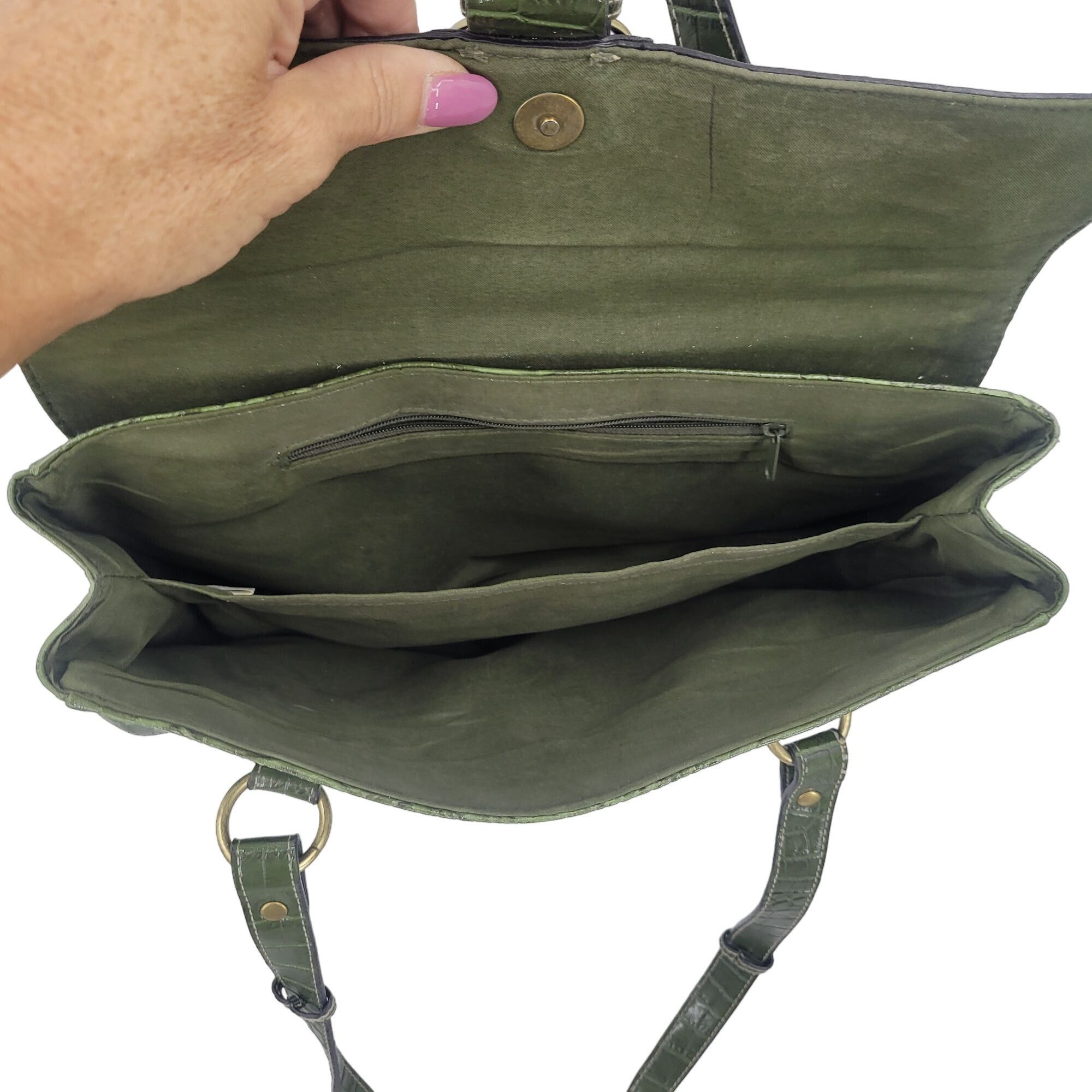 Vintage Vintage Green Vegan Faux Croc Shoulder Bag Satchel Gold Buck Size ONE SIZE - 11 Thumbnail