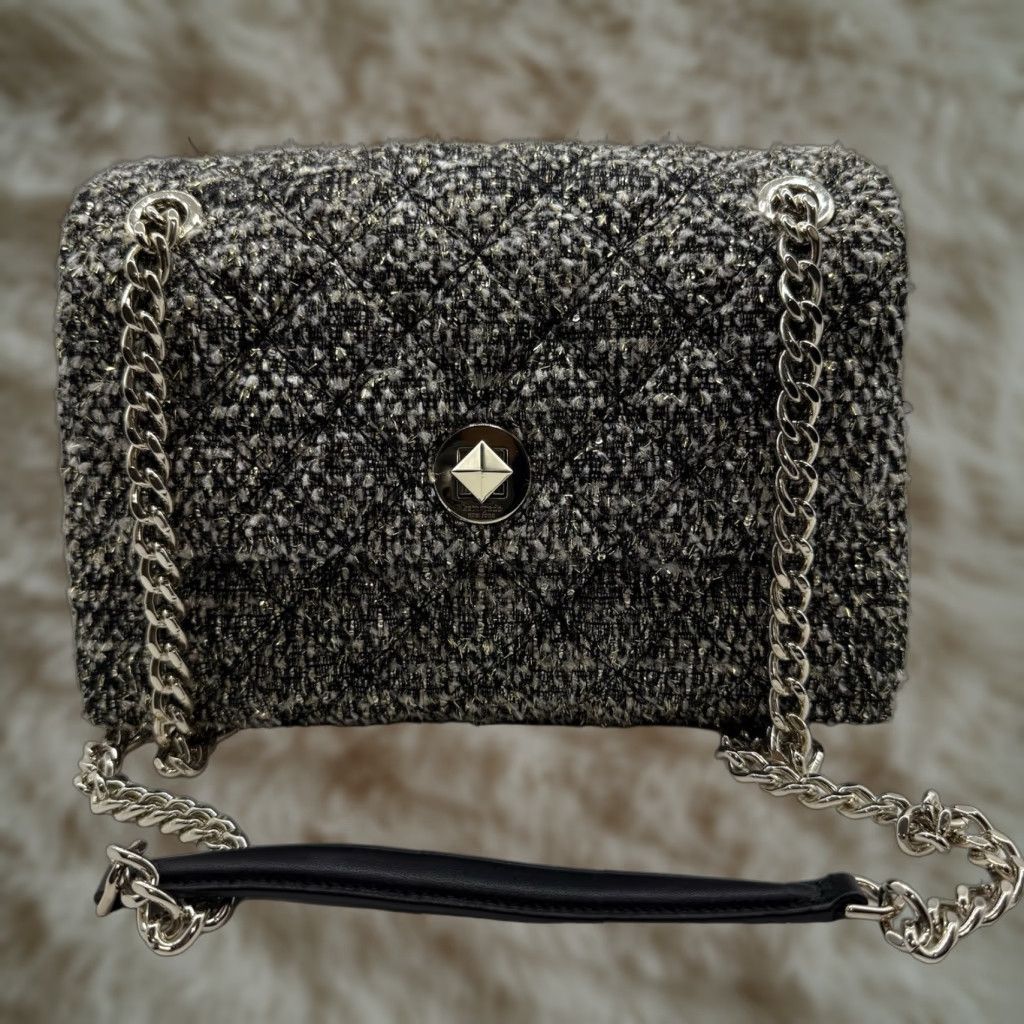 Vintage kate spade new york Natalia Gray Tweed Shoulder Bag Purse Chain Turn Lock Small Gray Geometric Designer Women Size ONE SIZE - 1 Thumbnail