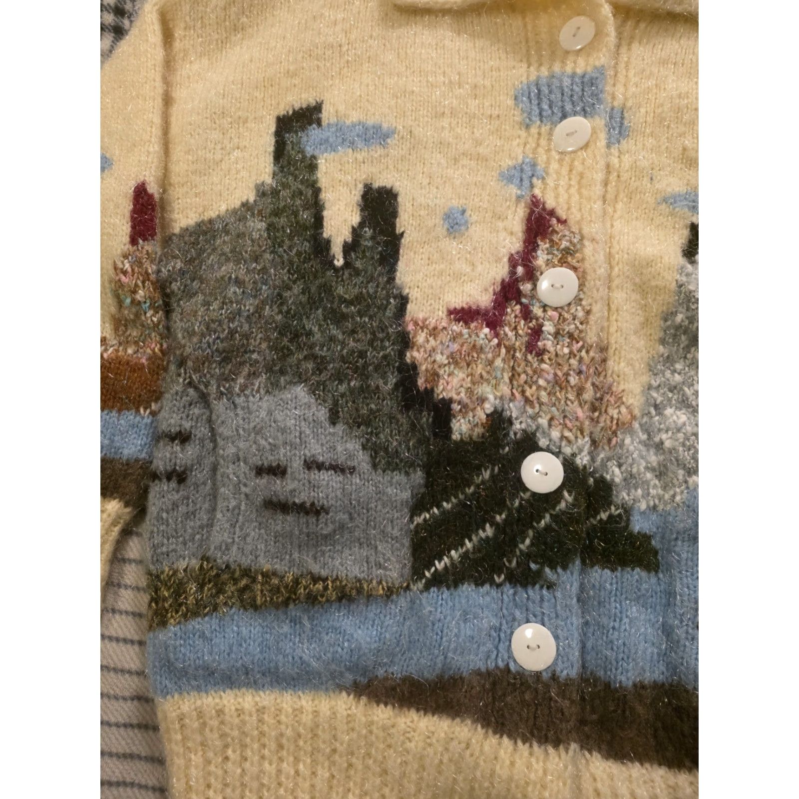 Vintage Vtg 70s Hand Knit Fuzzy Acrylic Cardigan Sweater Mountain Landscape Womens Large Size M / US 6-8 / IT 42-44 - 3 Thumbnail