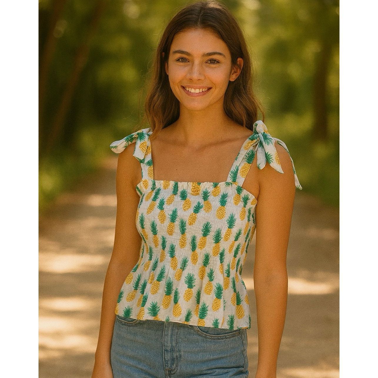 J.Crew J.Crew Smocked Pineapple Print Tie Strap Tank Top Size M Cot Size M / US 6-8 / IT 42-44 - 2 Thumbnail