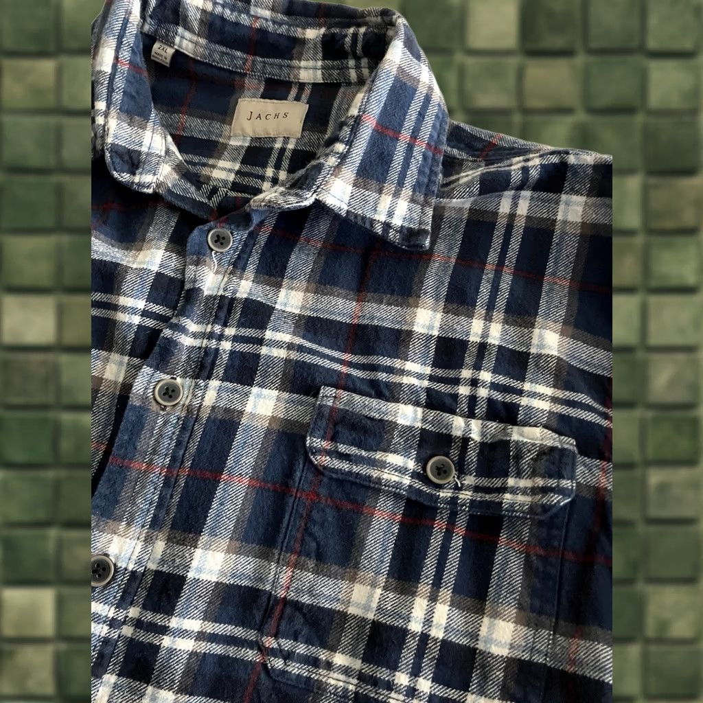 Vintage JACHS Men's Shirt 2XL Blue Tartan Plaid Flannel Heavyweight Cotton Long Sleeve Button-Up Size US XXL / EU 58 / 5 - 1 Thumbnail