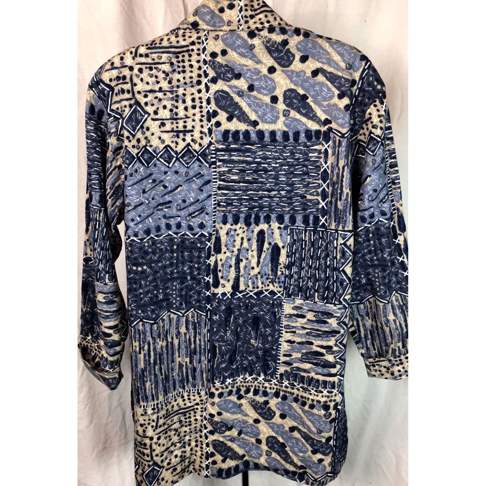Vintage Rafaella Linen Blouse 8 Blue/beige Longline Long Sleeves Abstract Artsy Boho Size M / US 6-8 / IT 42-44 - 4 Thumbnail