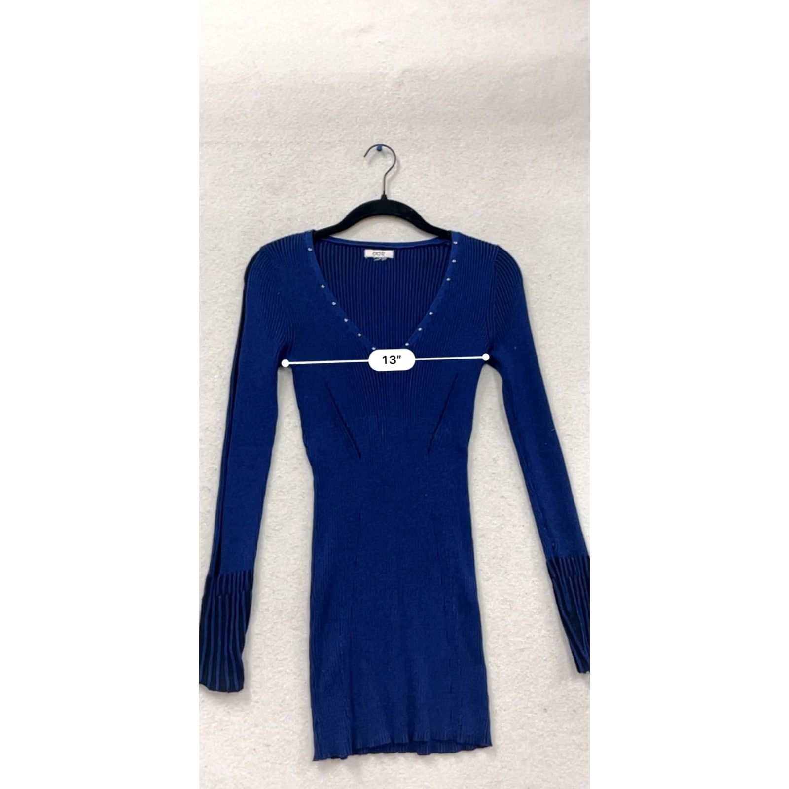 Vintage Cache Blue Ribbed V-Neck Long Sleeve Sweater Dress Womens S Studded Neckline Ribbed Texture Bodycon Short Dress Size S / US 4 / IT 40 - 8 Thumbnail