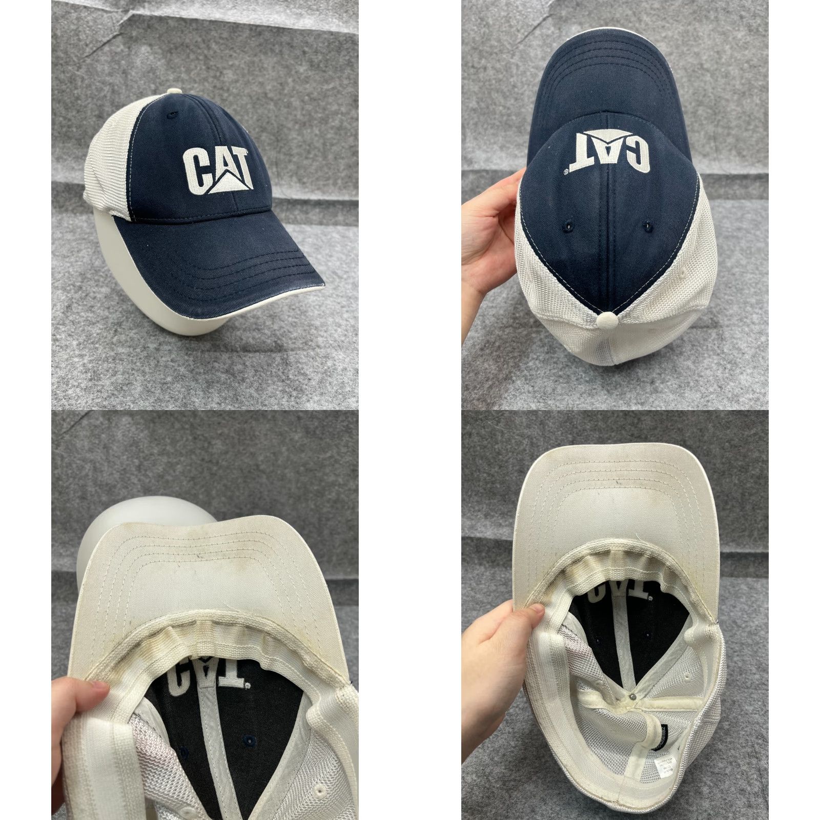 Vintage CAT Hat Cap Fitted Adult Blue Trucker Hat CAT Men Cotton Polyester Twill Work Logo Construction 90s? (Oops can't add) Size ONE SIZE - 8 Thumbnail