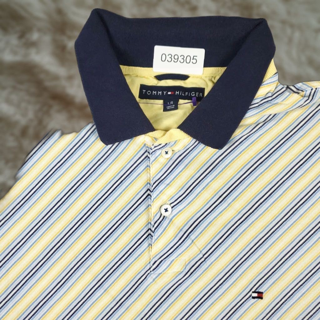 Tommy Hilfiger VINTAGE Tommy Hilfiger Polo Shirt Men L Blue Yellow Striped Casual Polo Shirt 100% Cotton Logo Sports Preppy Mens Size US L / EU 52-54 / 3 - 1 Thumbnail