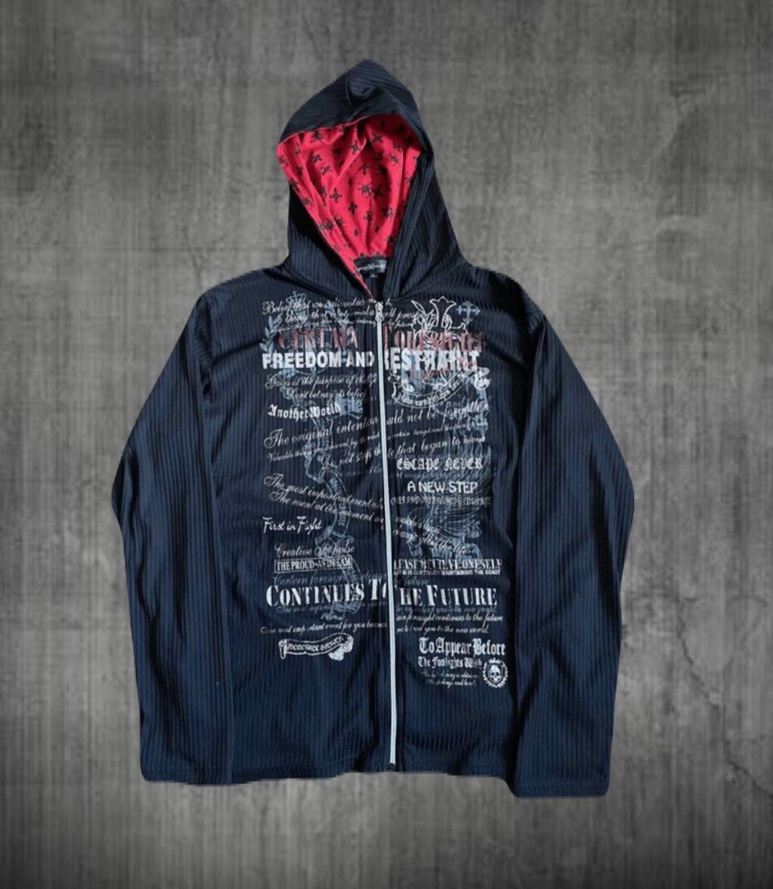 2000s Japanese giltter poem skull zip hoodie