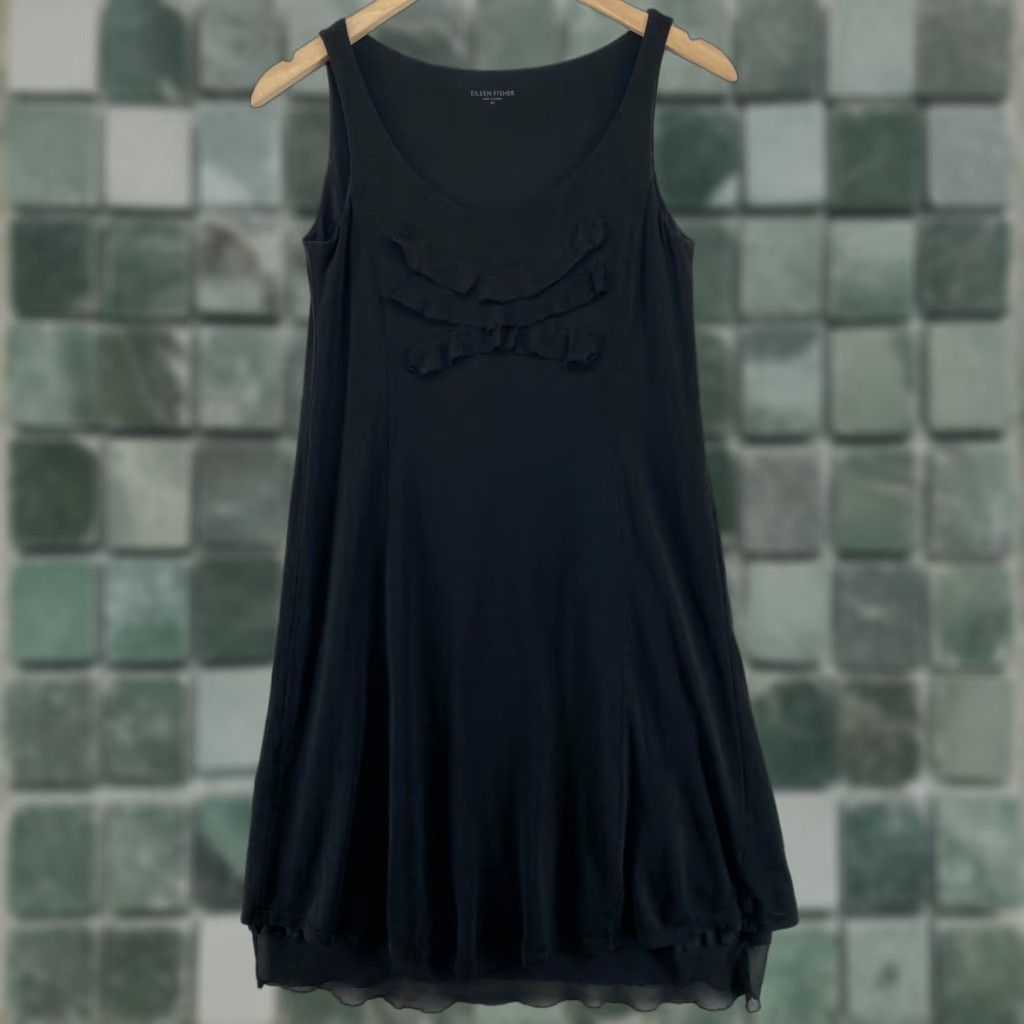 EILEEN FISHER Dress XS Silk Cotton Rib Jersey Silk Chiffon Trim Shift Tank  Black