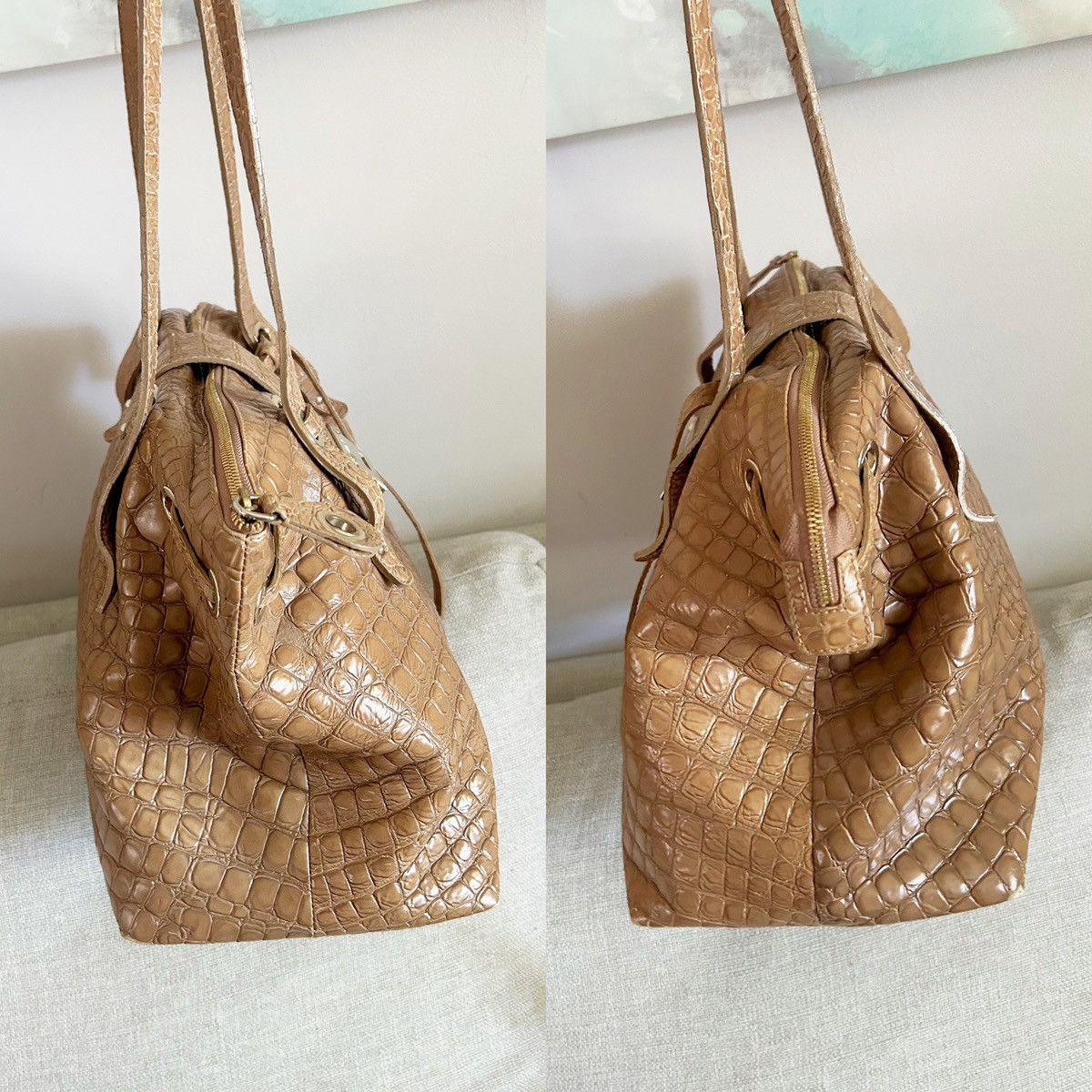 Jimmy Choo Authentic JIMMY CHOO Tan Croc Embossed Leather Rhea Tote Bag Size ONE SIZE - 4 Thumbnail