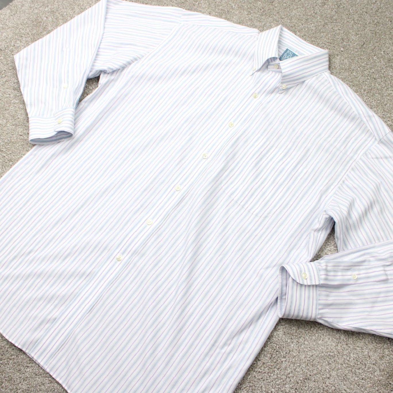 Jos. A. Bank Jos. A. Bank Shirt Mens 16, 33 White/Blue/Purple Striped 100% Cotton L/S Button-Down Collared Dress Shirt Regular Fit Size US L / EU 52-54 / 3 - 4 Thumbnail