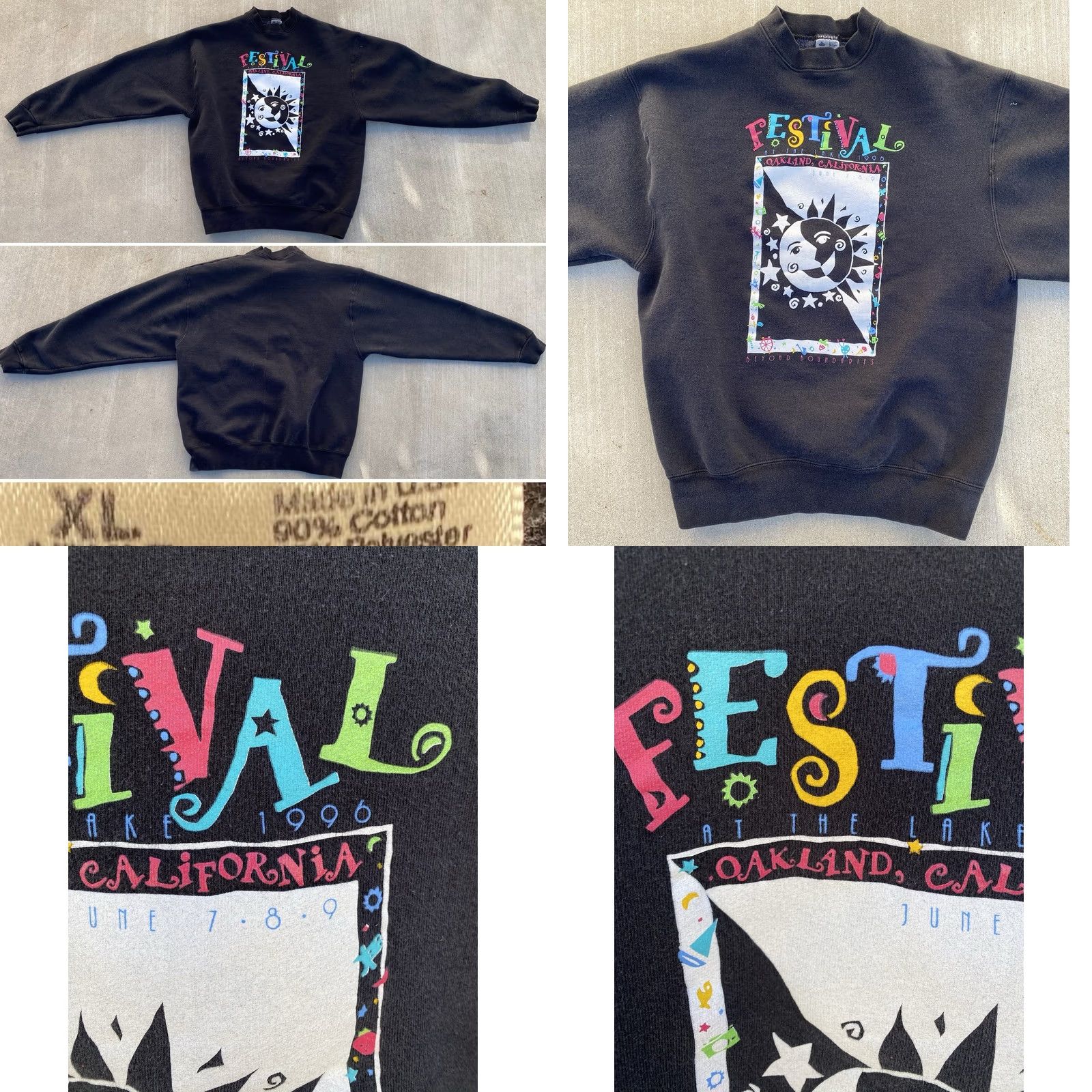 Fruit Of The Loom VINTAGE Festival At The Lake Oakland CA Sweatshirt XL Adult Black 90s Sun Moon Graphic Print USA Fade Mens Size US XL / EU 56 / 4 - 9 Thumbnail