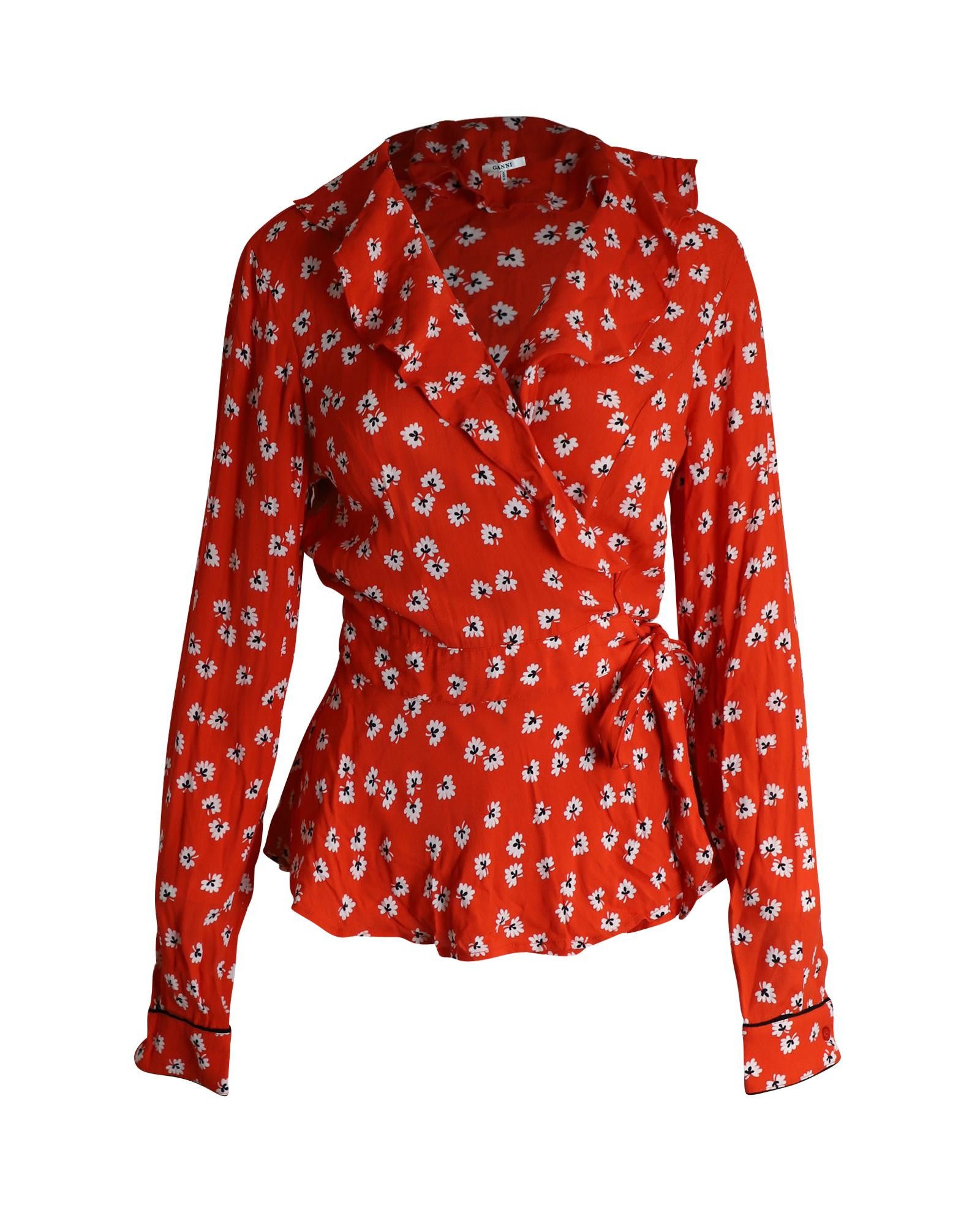 Image of Ganni Floral Print Ruffled Wrap Top In Red Viscose, Women's (Size XS)