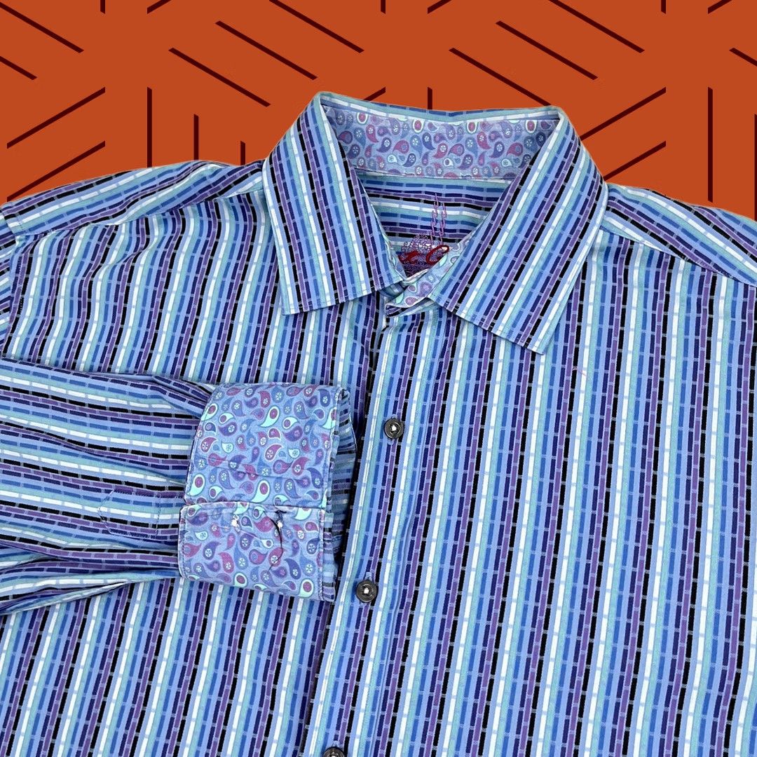 Robert Graham Robert Graham Shirt Mens XL Striped Contrast Paisley Flip Cuff Button Up Preppy Size US XL / EU 56 / 4 - 1 Thumbnail