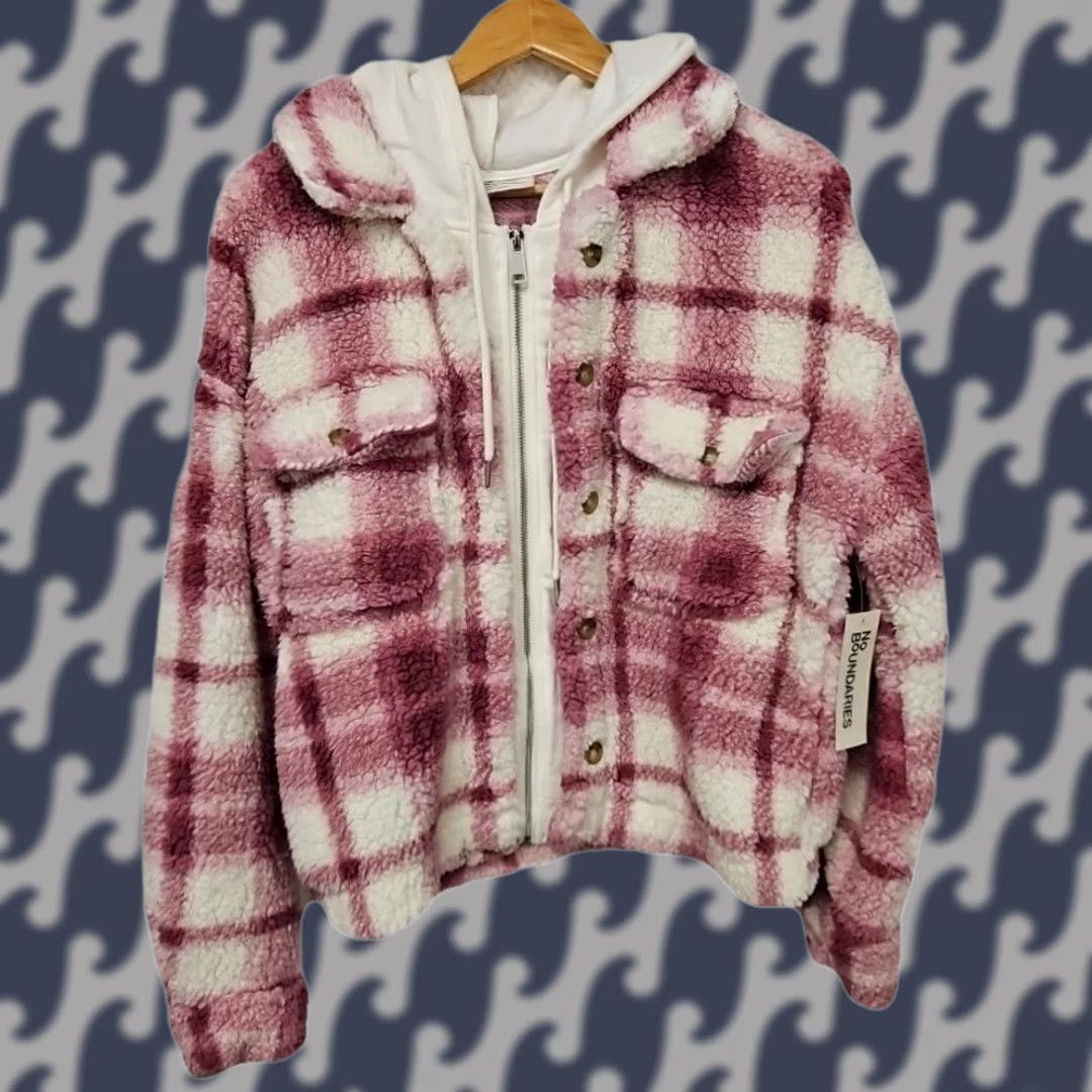 Vintage No Boundaries Pink Plaid Sherpa Shacket Hoodie Jacket Cozy Soft Girl Y2K Fleece M 8-10 Women S Size S / US 4 / IT 40 - 1 Thumbnail