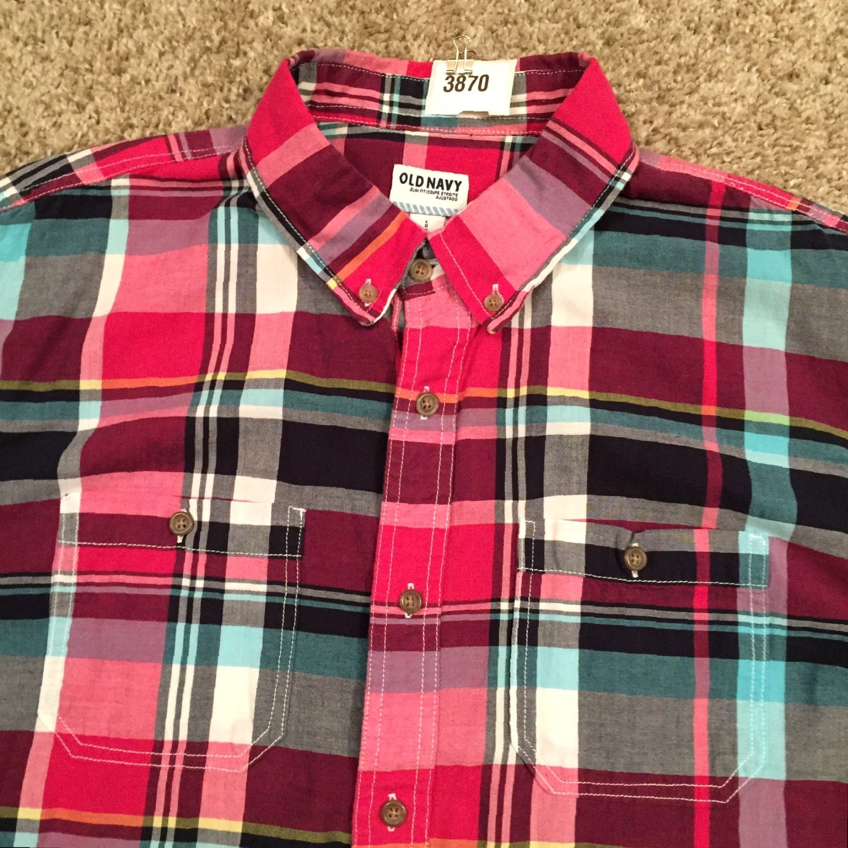 Old Navy Old Navy Button-Up Shirt Mens L Slim Fit Pink Plaid Short Sleeve Pockets Size US L / EU 52-54 / 3 - 4 Thumbnail