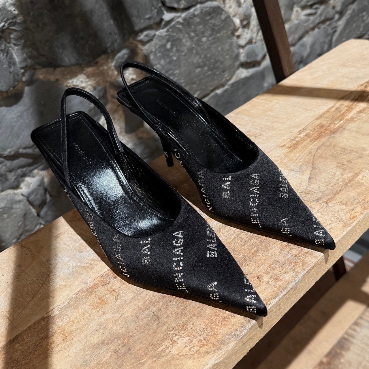 Balenciaga Balenciaga Satin Crystal Logo Slingback Square Knife Pumps Size US 6 / IT 36 - 4 Thumbnail