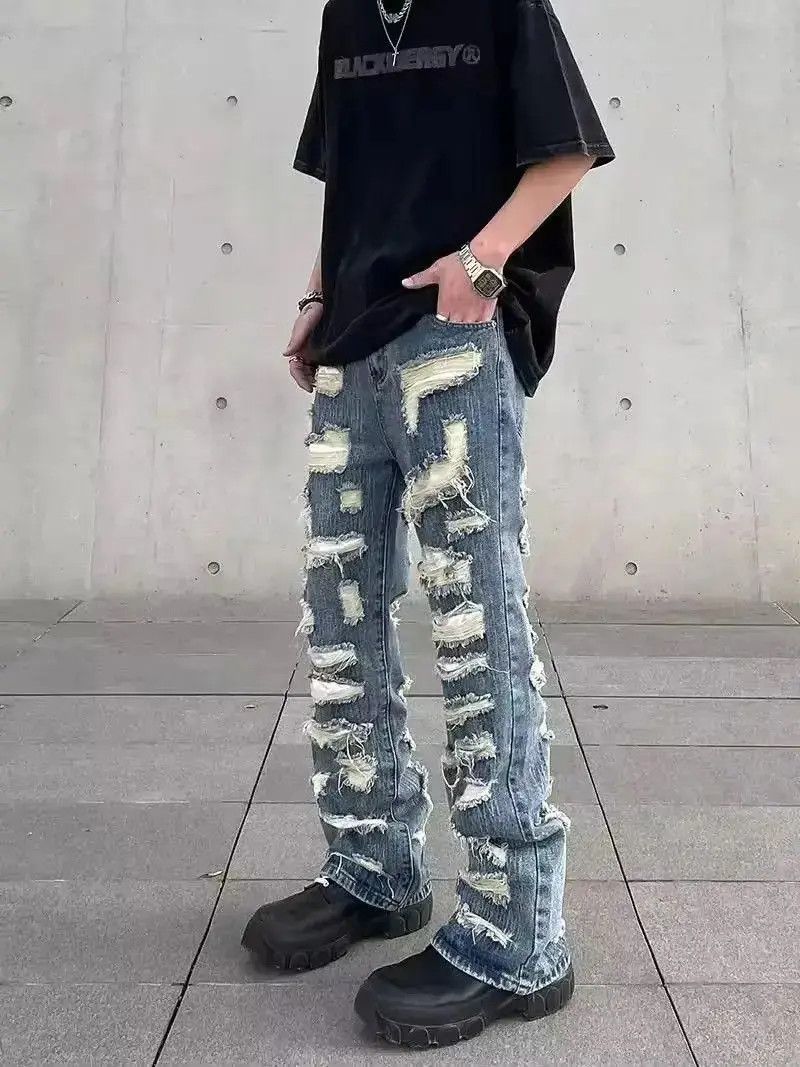 Japanese Brand Retro washed street ripped straight hole jeans y2k Size US 32 / EU 48 - 3 Thumbnail