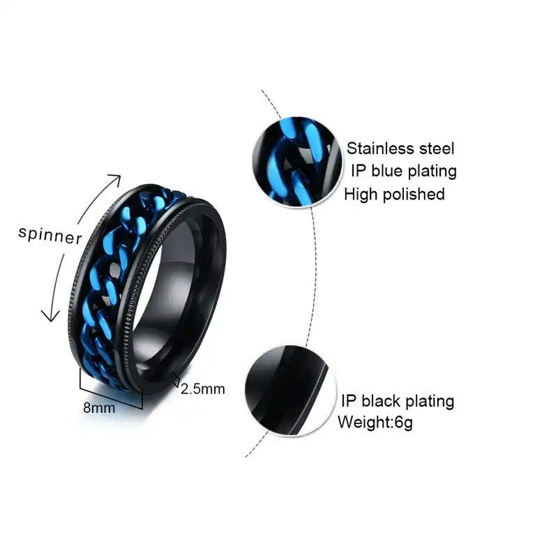Other Fidget Black Rings with Blue Center Curb Chain Spinner Ring Size ONE SIZE - 2 Thumbnail