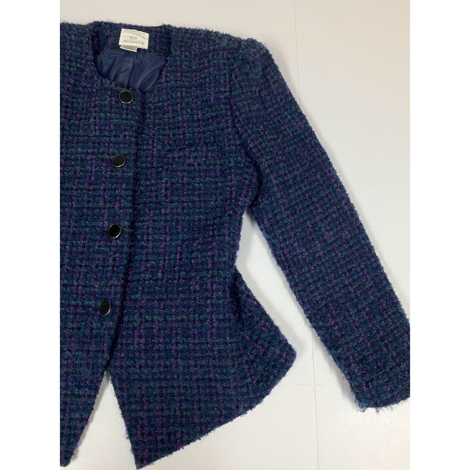 Vintage EN Avance Blazer Jacket Women 9 Blue Four-Button Casual Formal Wool Polyester Striped Notch Lapel Lightweight Mid-Length Modern Tuxedo Fall Winter Size M / US 6-8 / IT 42-44 - 2 Thumbnail