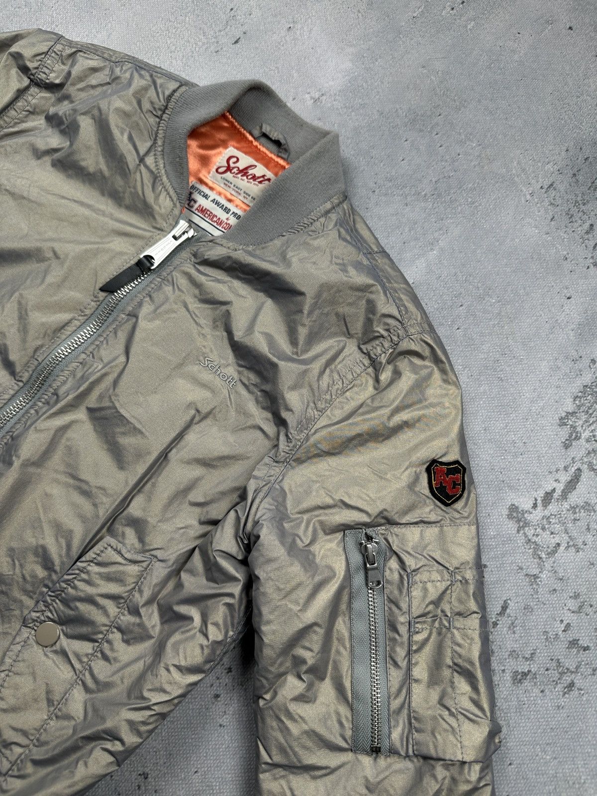 Schott NYC MA-1 Bomber Jacket American College Gray Satin