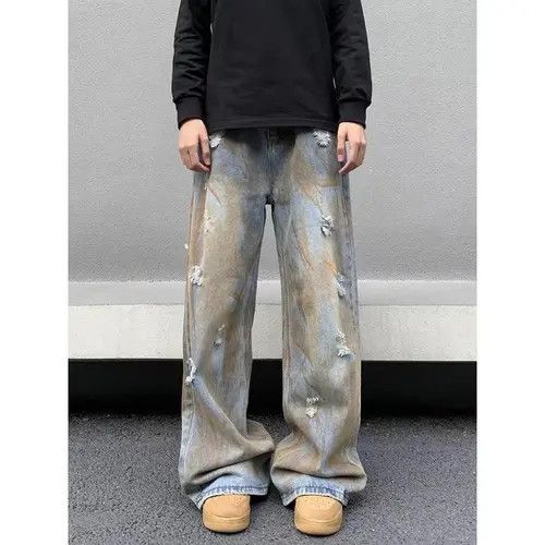 image of Vintage Hole Tie-Dye Distress Wide Leg Jeans in Washed Blue, Men's (Size 34)