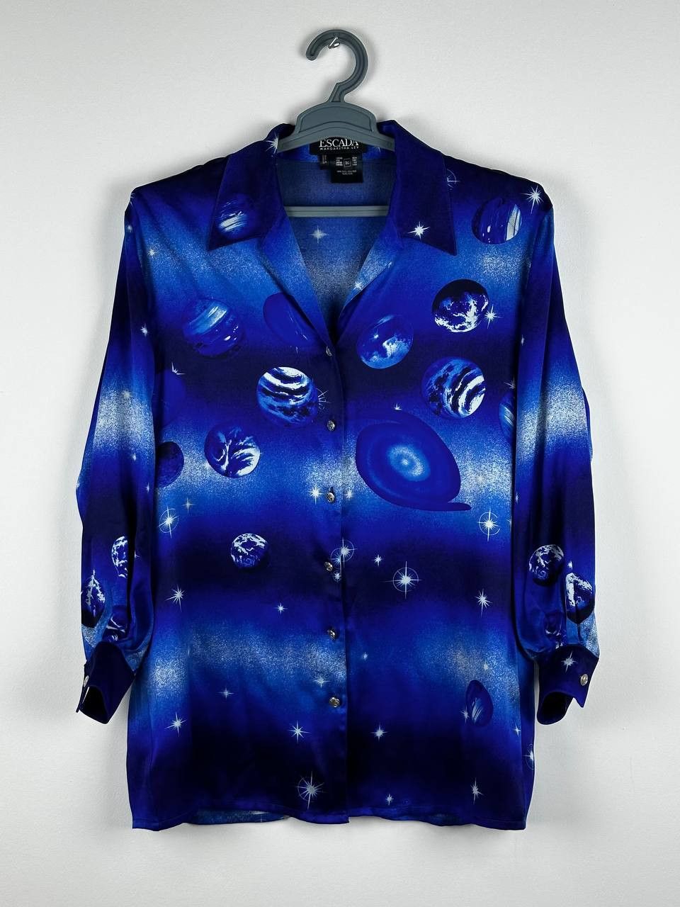 Escada × Vintage 90s Escada Margaretha Ley Blue Space Abstract Silk Blouse Size XS / US 0-2 / IT 36-38 - 1 Thumbnail