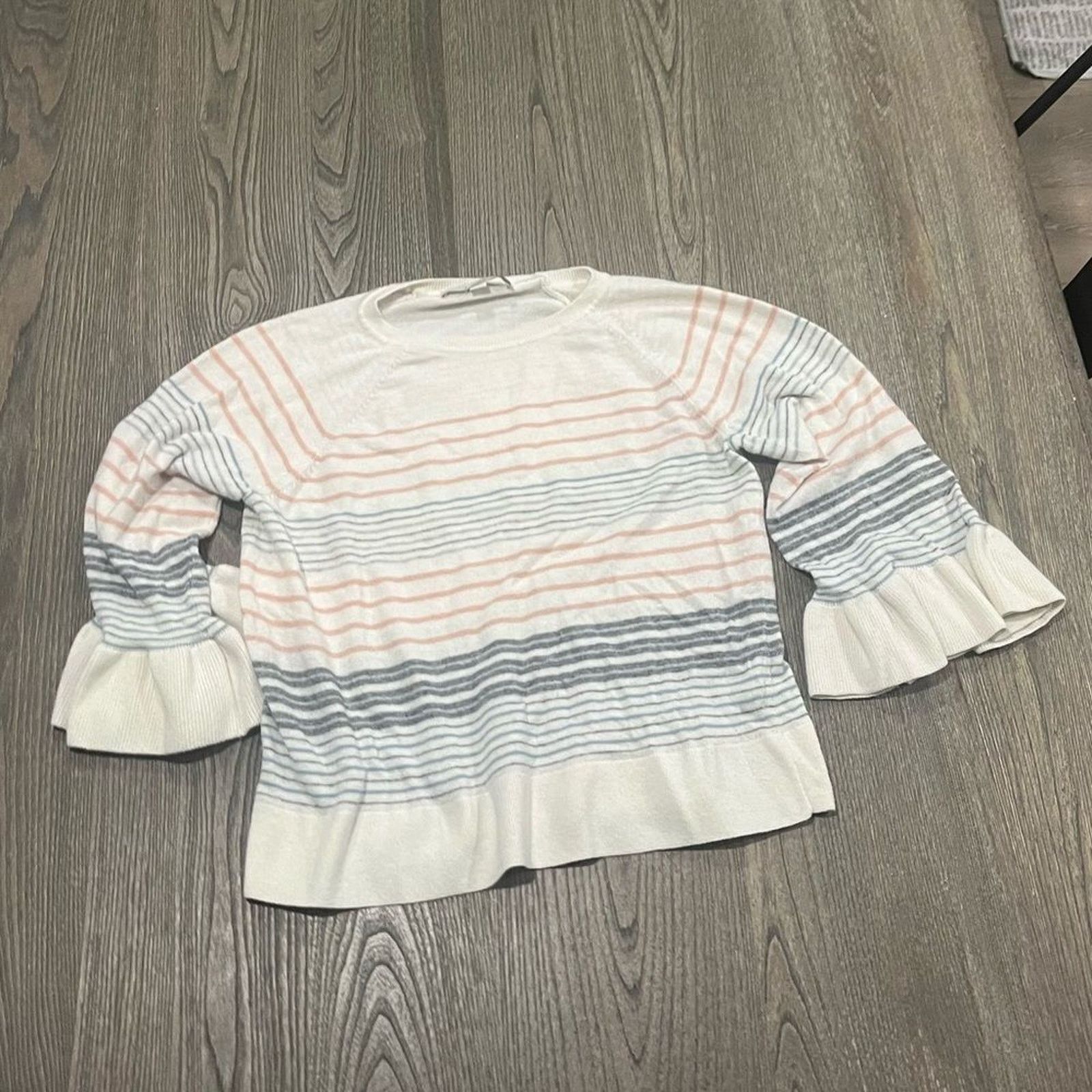 Loft Loft Lightweight Wool Cream Navy Striped Sweater Size XS Size XS / US 0-2 / IT 36-38 - 1 Thumbnail