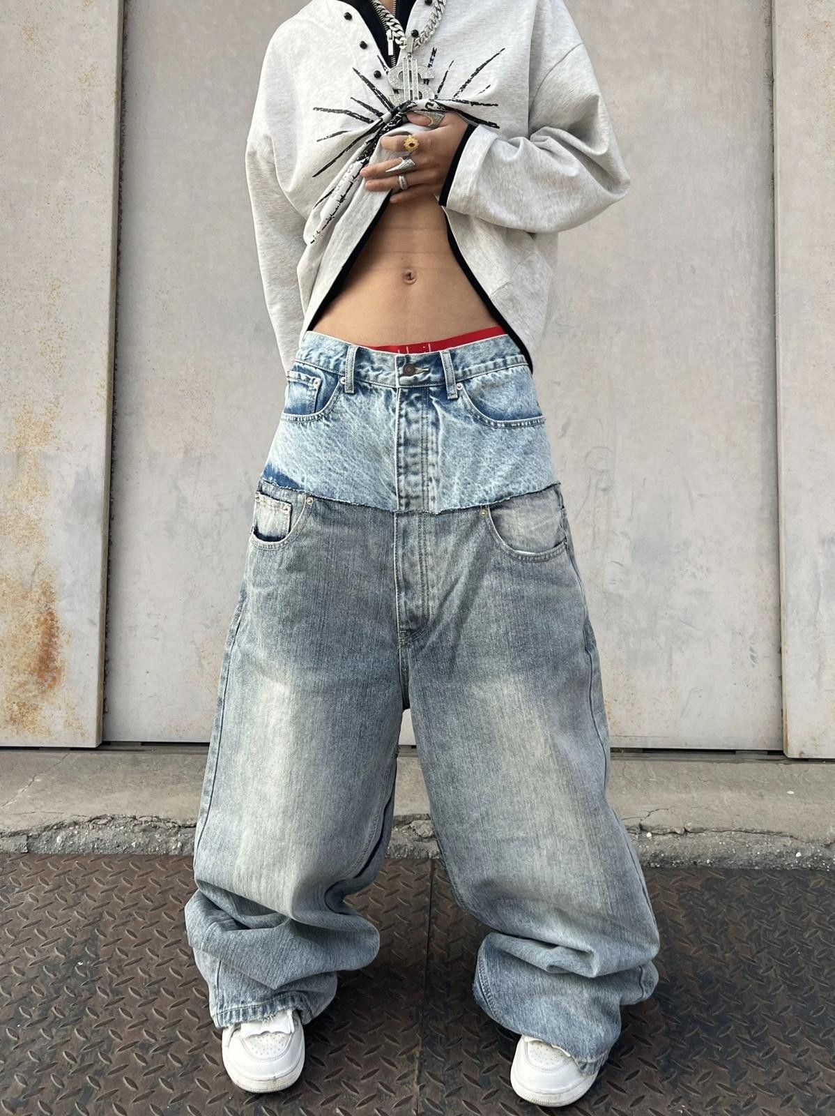 Japanese Brand Two-Tone Baggy Wide Leg Jeans, High Waist Denim Pants Size US 30 / EU 46 - 4 Thumbnail
